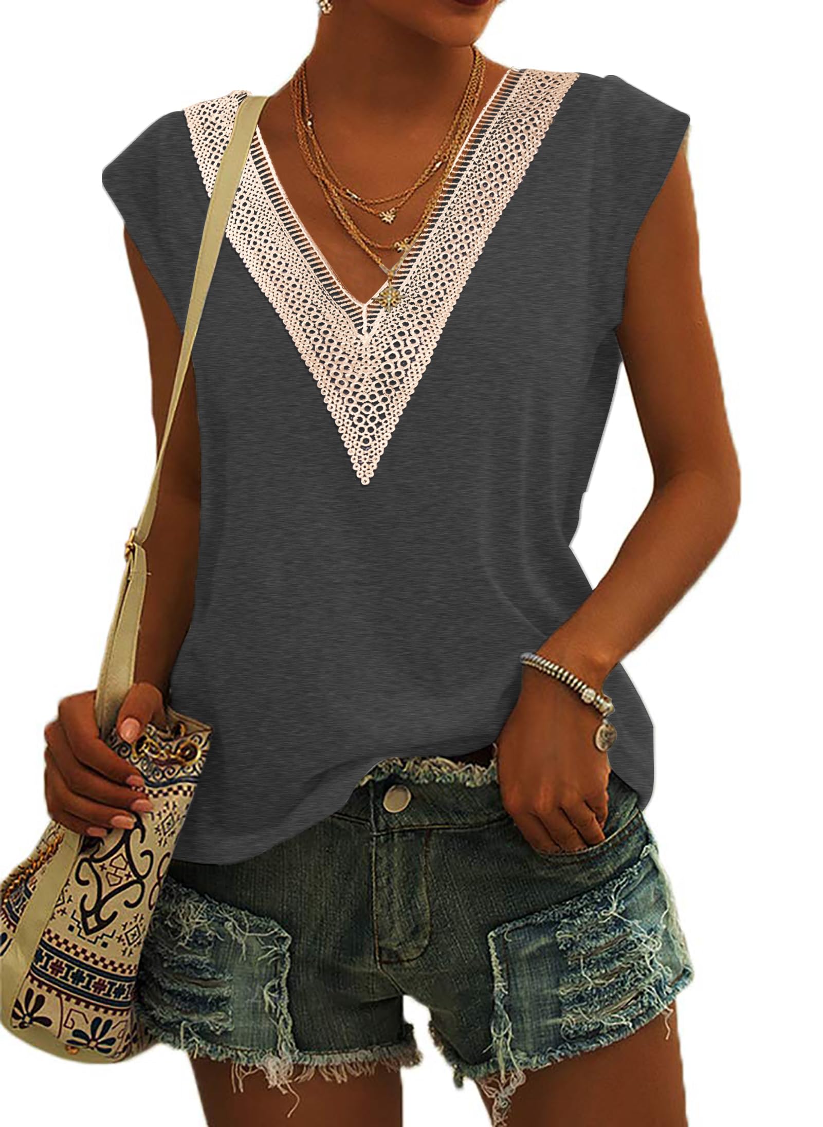 PLOKNRD Camiseta de Encaje Femenino con Cuello V Elegante Blusa de Manga Corta en Verano Camiseta Relajada Blusa de Playa