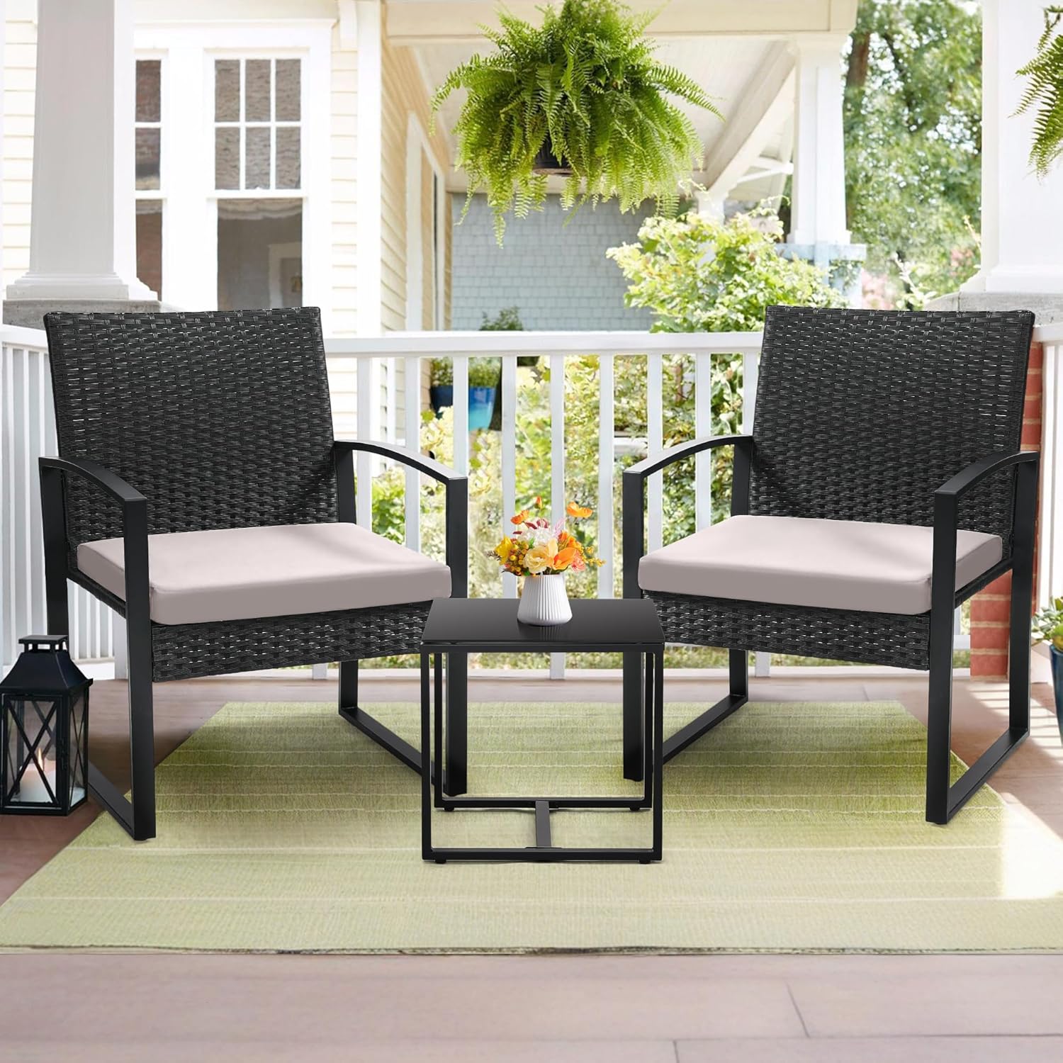 All-Weather Wicker 3-Piece Bistro Set with Rattan Coffee Table and Black Powder-Coated Frame for Balcony Porch Garden Poolside, Black