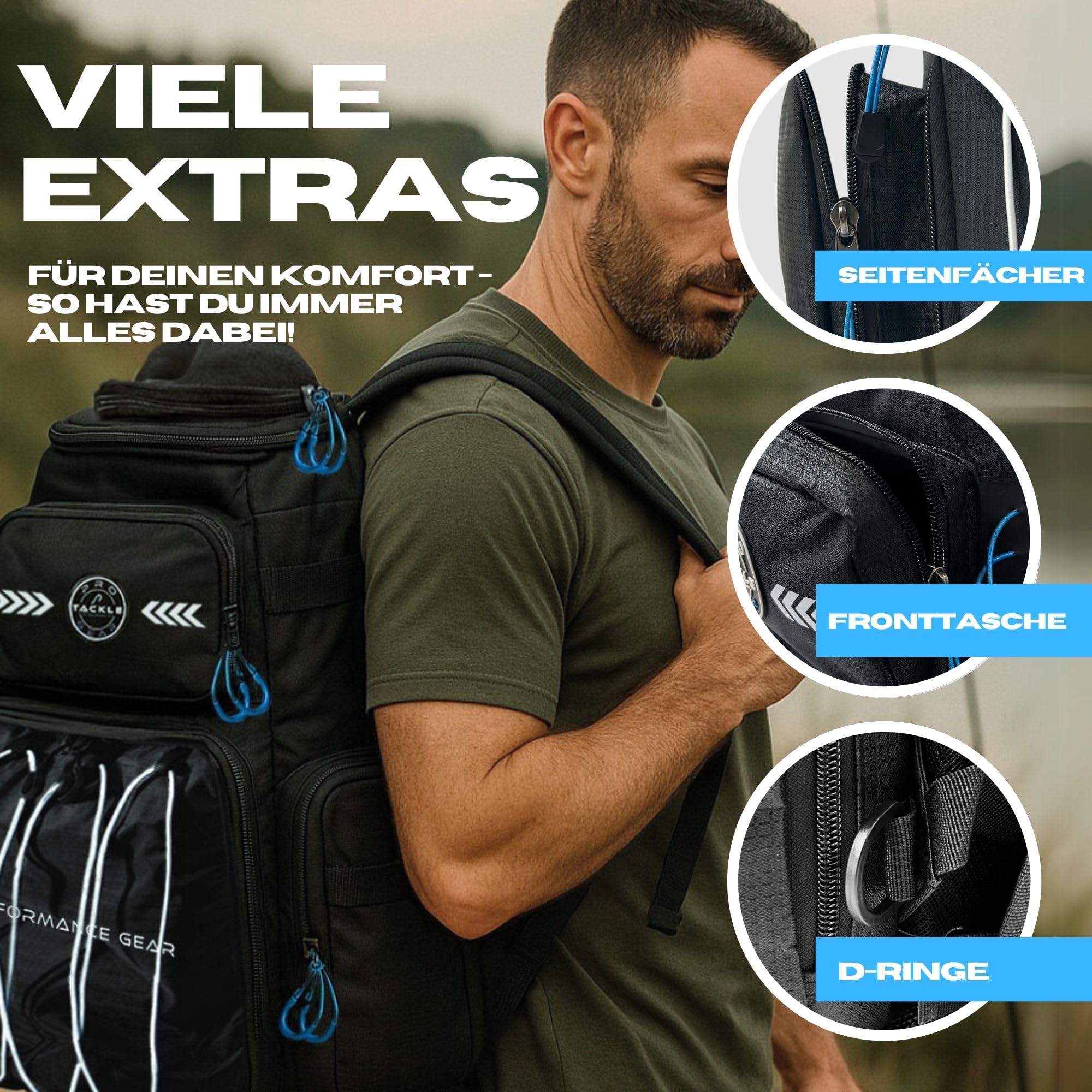 Pro Tackle STRIKE Bagpack – Robuster Angler Rucksack aus 420D Oxford Nylon, 2 Hauptfächer, Fronttasche, Seitentaschen, Brillencase, für Outdoor & Angeln – Schwarz