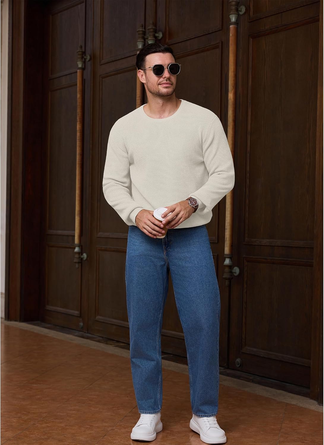 Vssjavun Mens Crewneck Sweater Winter Waffle Texture Raglan Sleeve Knitted Thermal Pullover Sweaters - Image 6