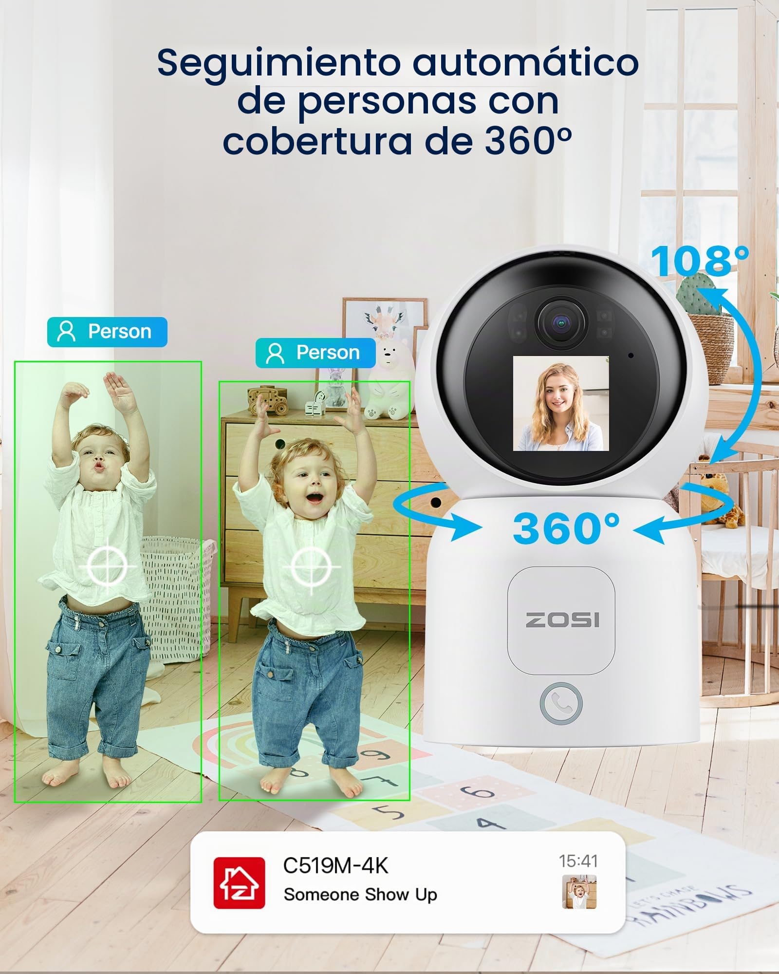ZOSI 4K 8MP Cámara Vigilancia Seguridad WiFi Interior Enchufable para Bebé/Mascota con Pantalla de 1,44”, 2,4G/5G WiFi, Pan 360° Tilt 90° y Seguimiento de Persona, Videollamada con un Clic o Gesto Ok