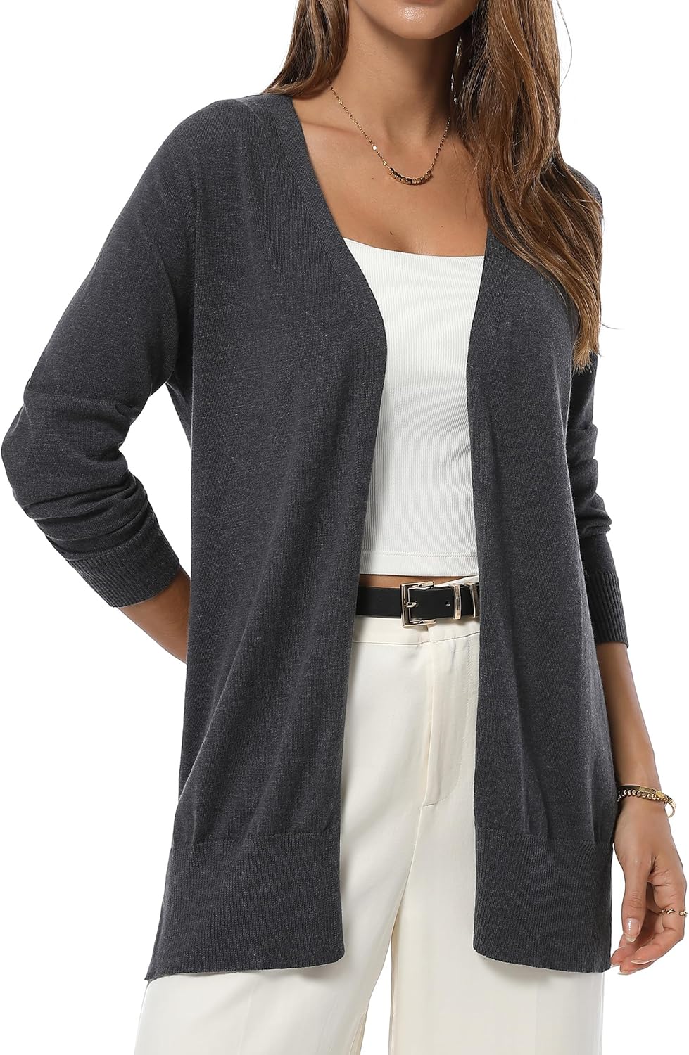 QUALFORT Women's Lightweight Open Front Cardigan Cotton Long Sleeve Casual Loose Fit Knit Cover Up Sweater - Image 4