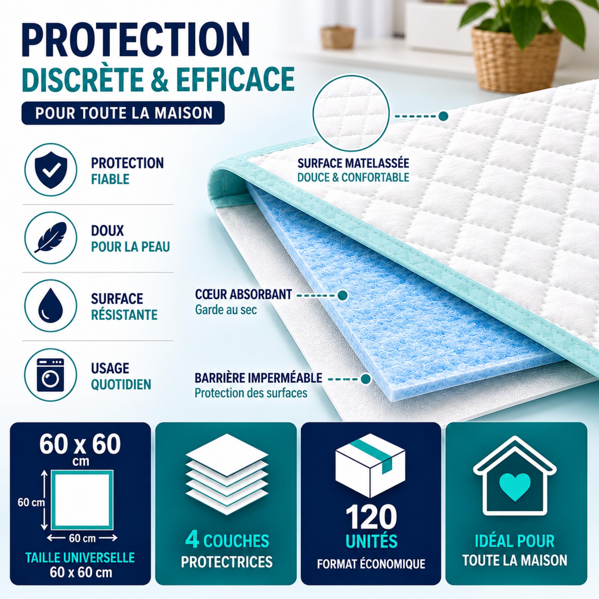 120 Alèses Jetable Ultra-Absorbante pour Incontinence (60x60 cm) – Imperméable, Hypoallergénique et Douce – Protection pour Lits, Fauteuils et Chaises – Le Pro du Médical