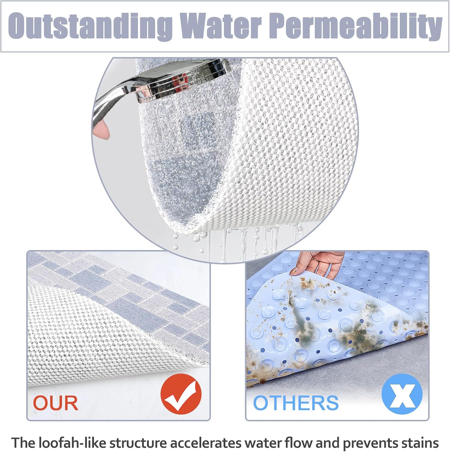 Square Shower Mat 24x24 Inch Non Slip Bath Mat for Inside Shower Loofah Shower Mat for Elderly Soft Textured Foot Massage Pad Bathroom Floor Mat for Wet Area, Without Suction Cups, Quick Drying - Image 4