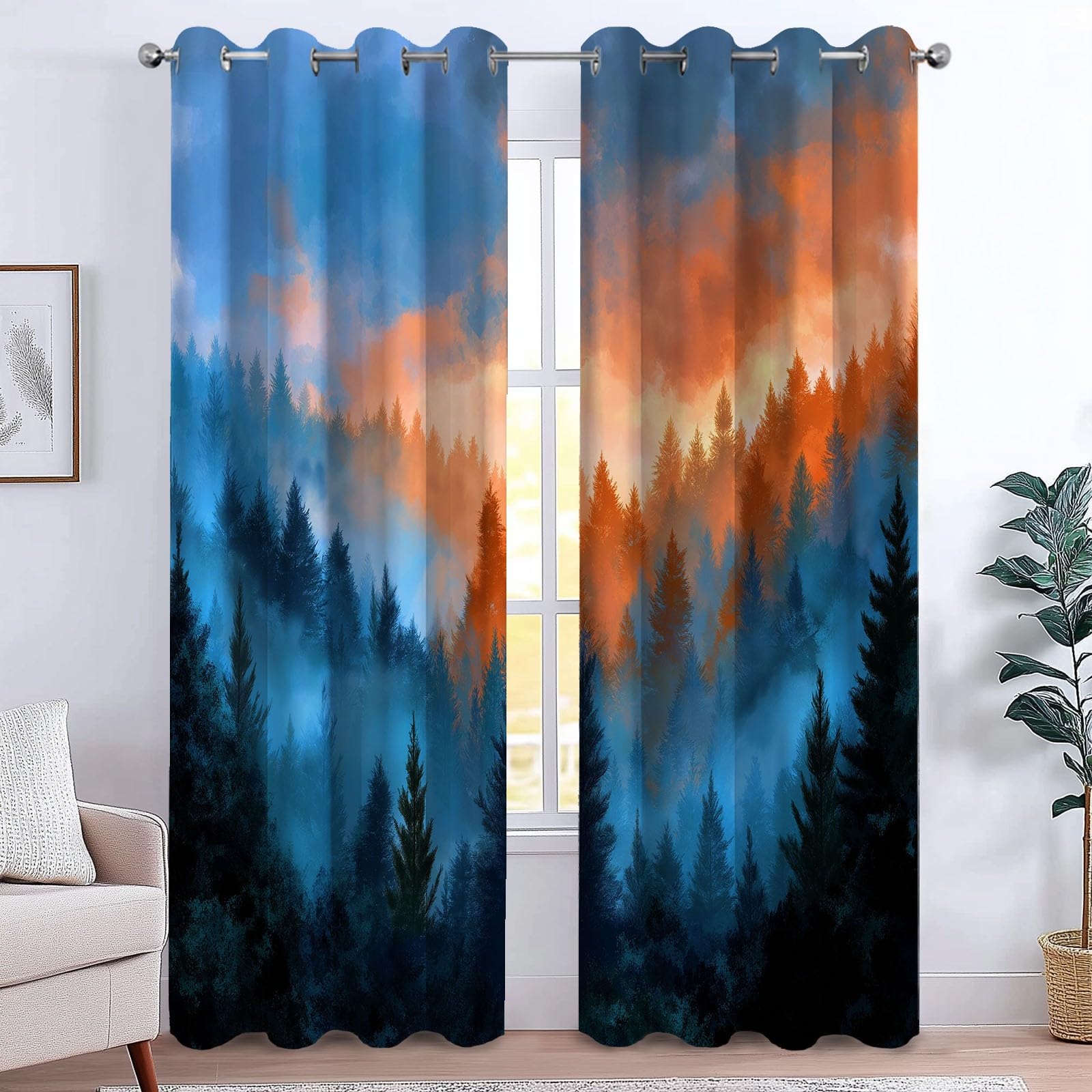 Generico Zasłony okienne, 110 x 215 cm, zaciemniające, do sypialni, salonu, zasłony dla dzieci, chłopców i dziewcząt, anime wschód słońca mglisty las, 2 sztuki