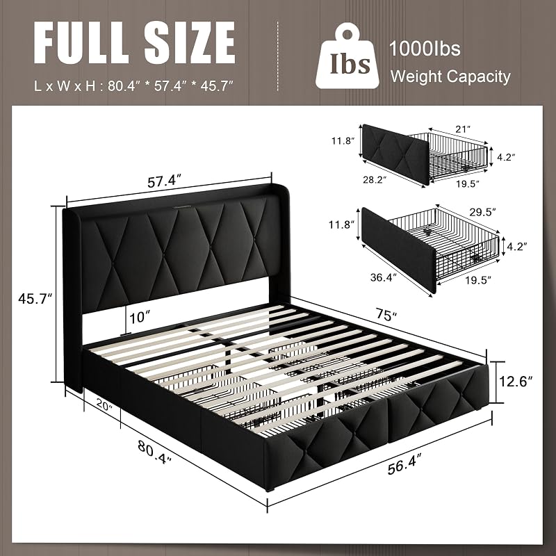 Einhomn Full Size Bed Frame with 4 Storage Drawers and Charging Station, Upholstered Platform Bed Frame with Storage Headboard, No Box Spring Needed, Easy Assembly, Black image 2