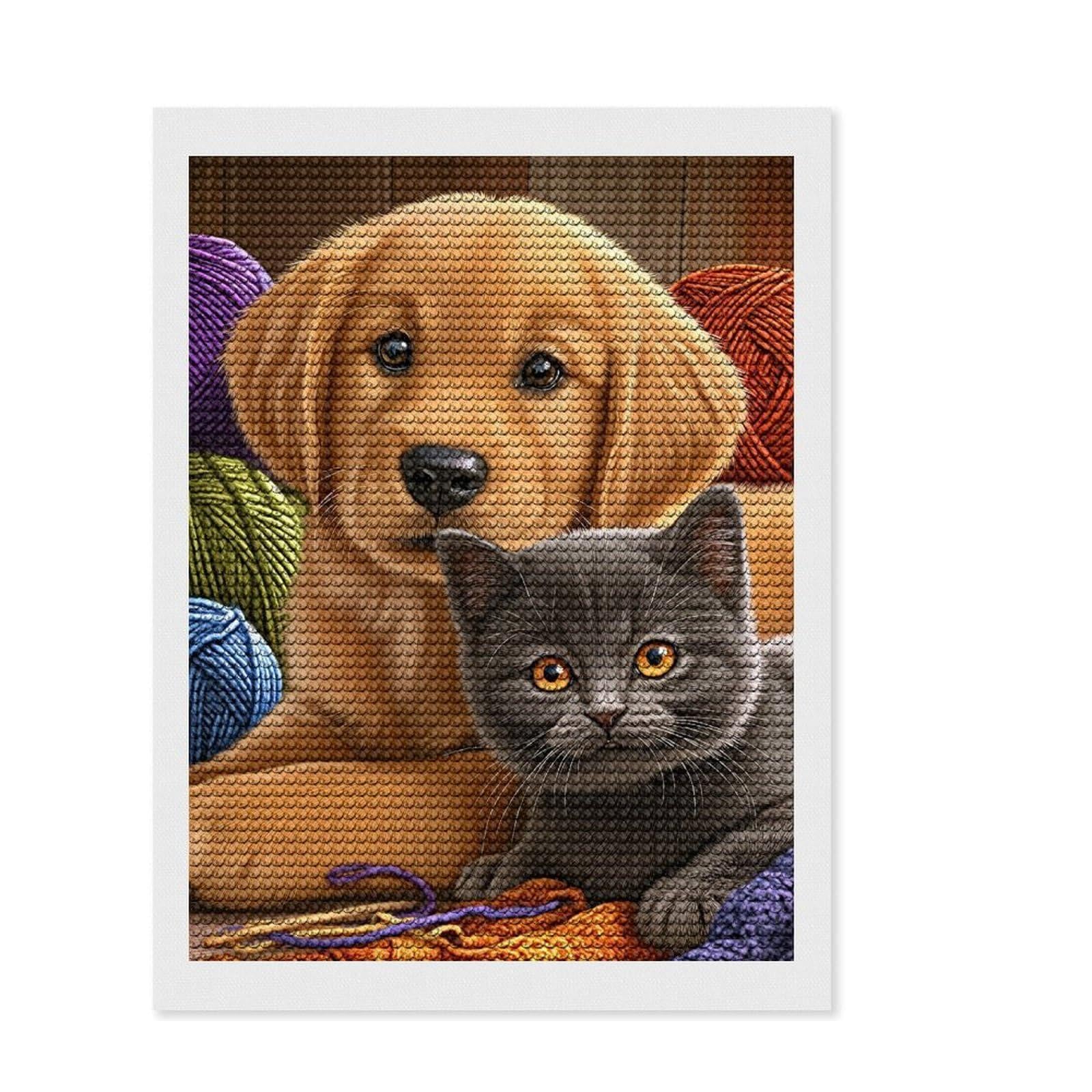 Junmoney Cute Puppy and Kitten Together Diamond Art Kit 12"x16", Full Kit Included, Easy to Enjoy, Bedroom Decor, Festive Craft Gift, Simple to Start
