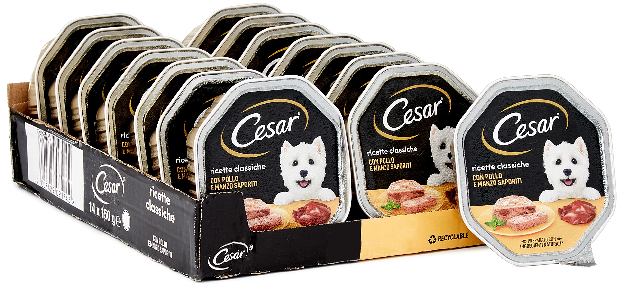 Cesar Ricette Classiche Cibo per Cane, con Pollo e Manzo Saporiti, 150 g, 14 Vaschette
