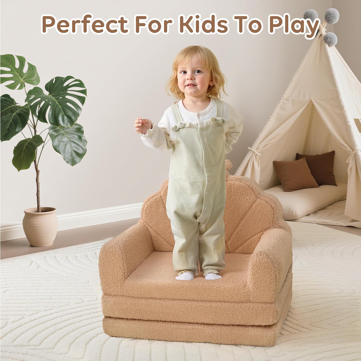 Toddler Chair for Kids, 2-in-1 Soft Couches That Fold Out for Toddler, Convertible Baby Sofa to Lounger for Playroom with Cute Petal Design, Khaki - Image 4