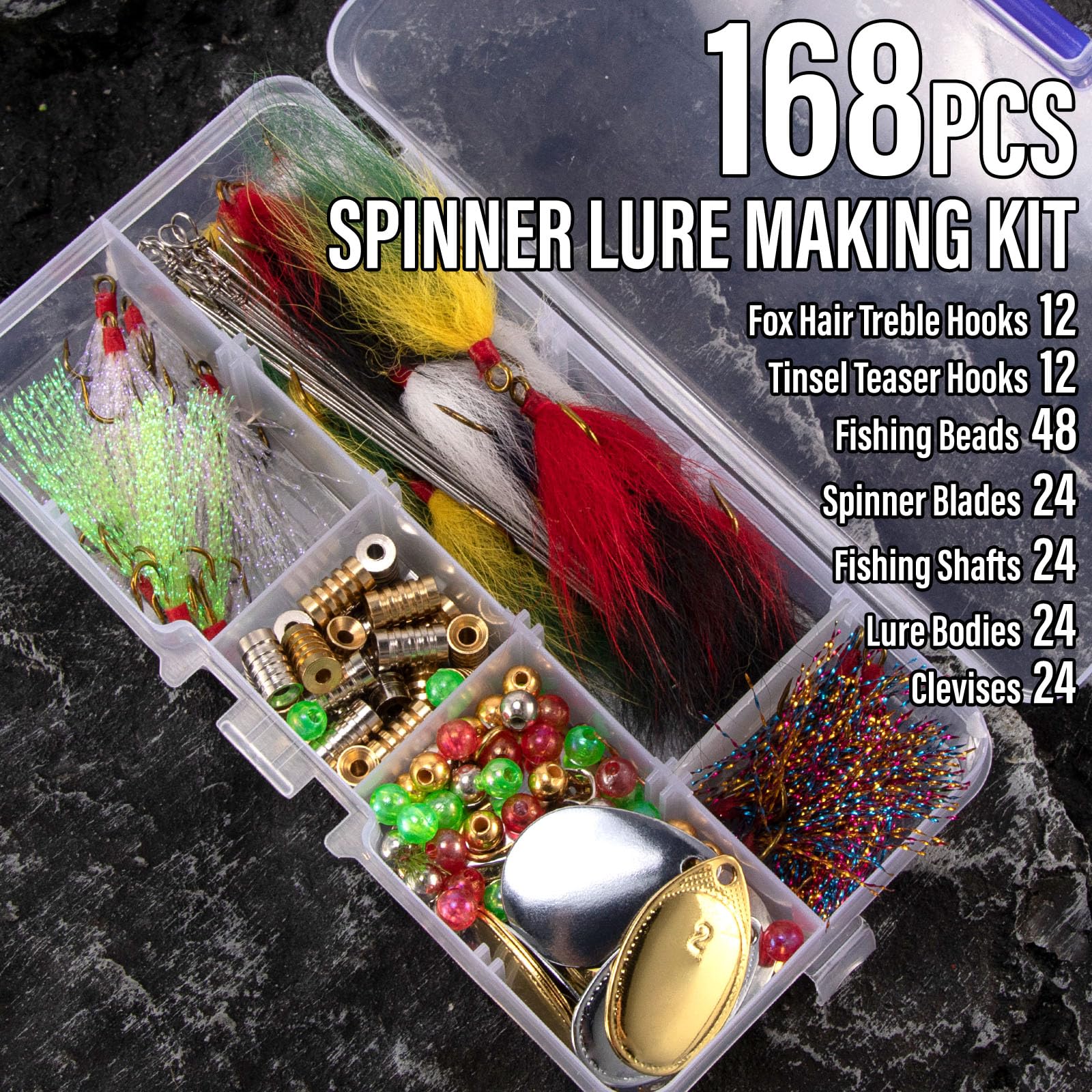 Alwonder 168PCS/Box Spinner Making Kit Lure Making Supplies Colorado Willow Spinner Blades Feather Treble Hooks DIY Make Your Own Lure Inline Trout Walleye Bass Spinnerbait