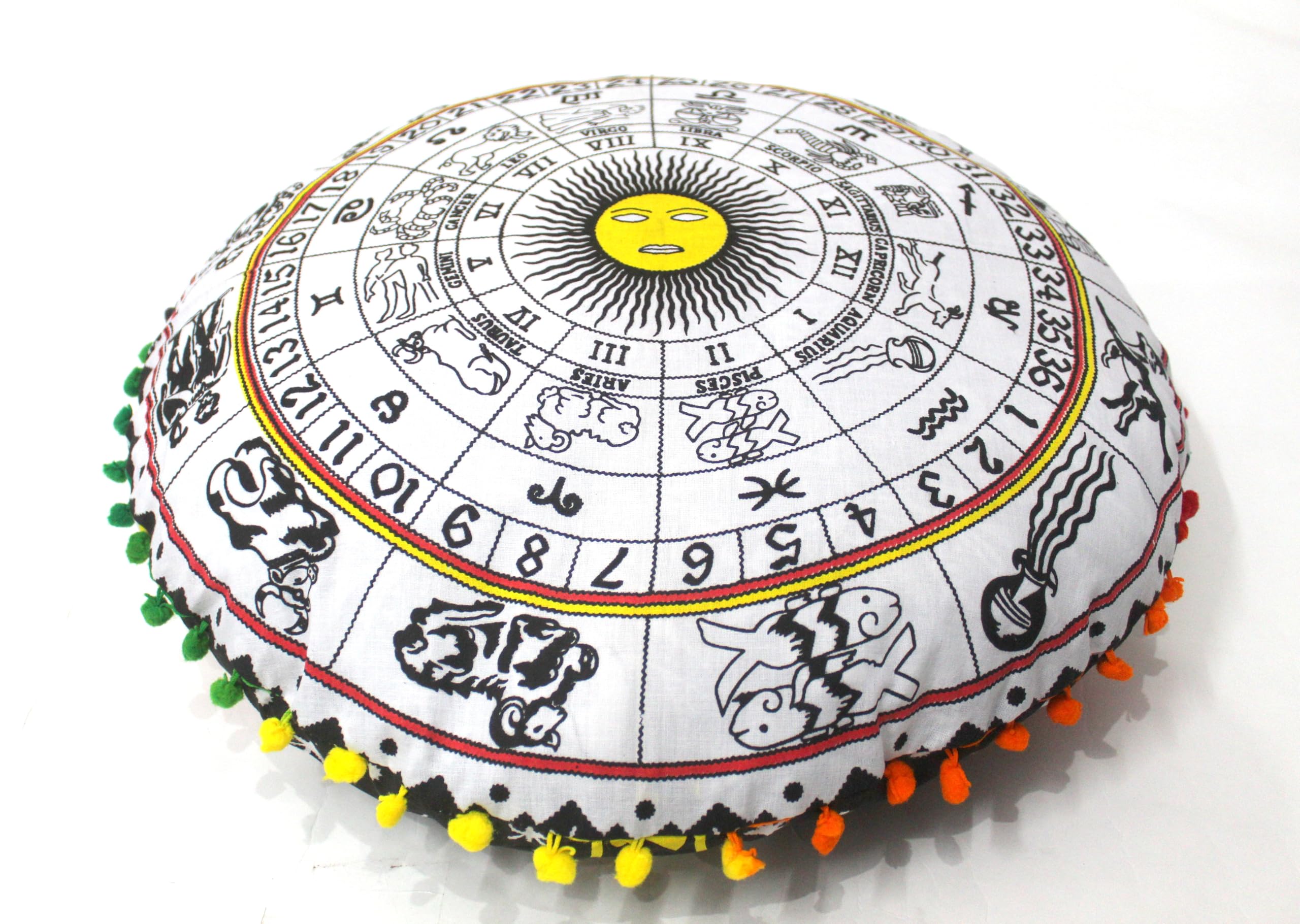 Round Mandala Floor Pillow Cover Seating Cushion Throw Cover Hippie Decorative Bohemian Ottoman Pouf Cover, Pom Pom Pillow Cases,Boho Indian 22 Inches Black and Yellow Zodiac
