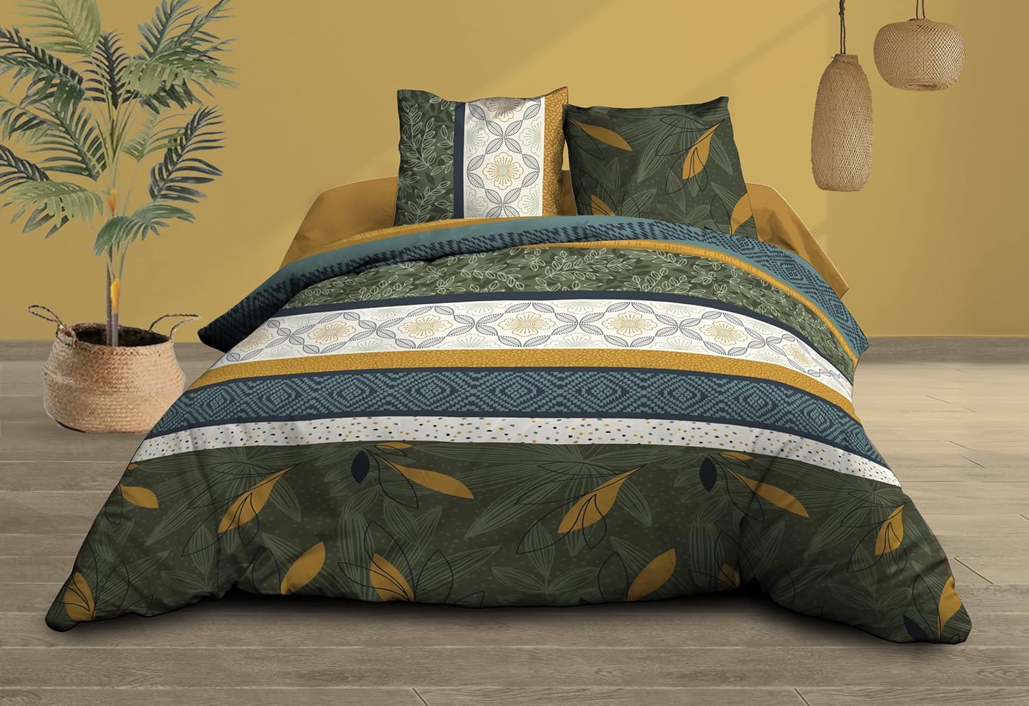 Housse De Couette 220x240cm + 2 Taies - Pur Coton 57 Fils - Imprimé Ginko Bleu - Le Linge De Jules