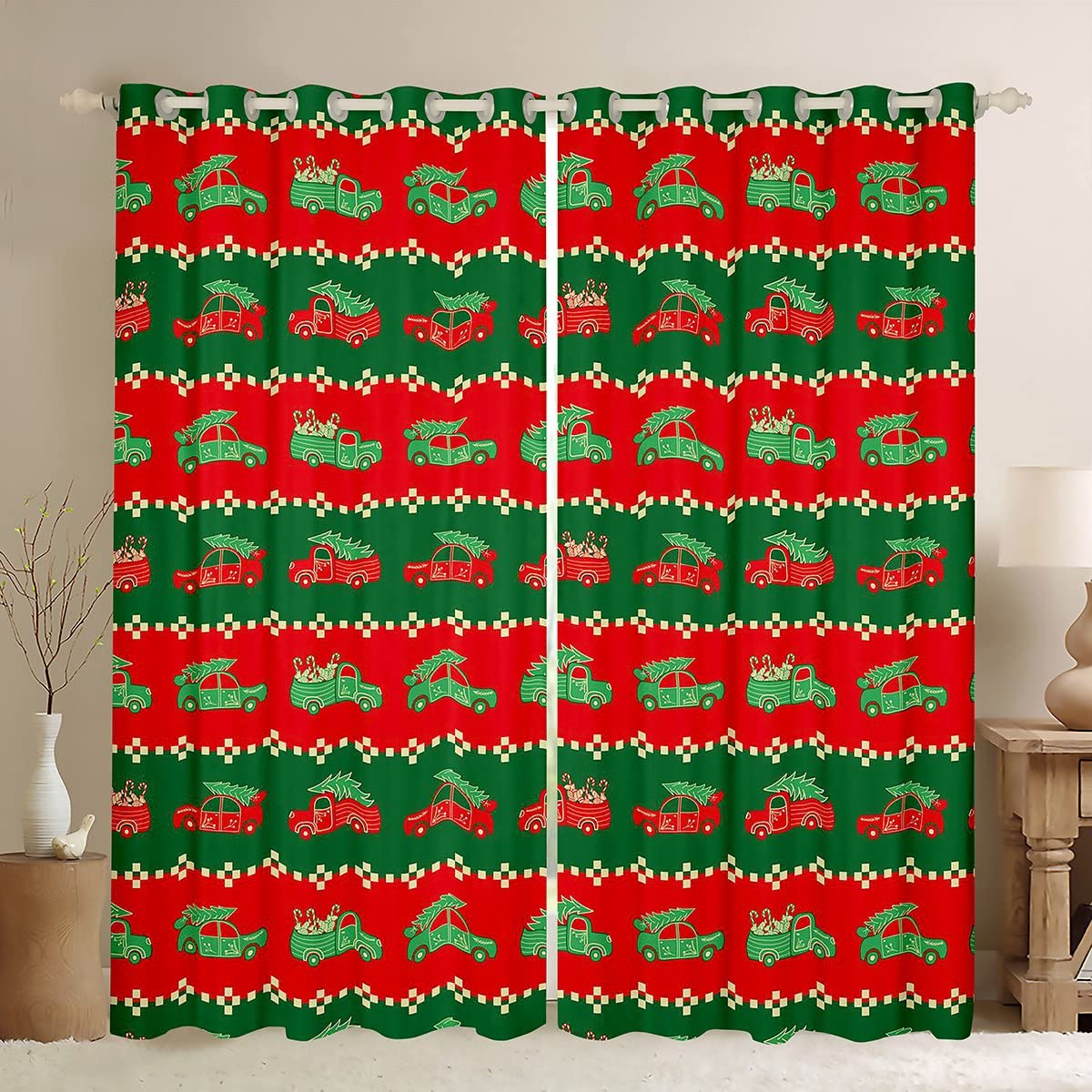 Loussiesd Kids Christmas Tree Curtain Red Green Cartoon Car Blackout CurtainFor Boys Girls Teens Xmas Darkening Curtain Stripe Grid Window Drapes Bedroom W46*L72