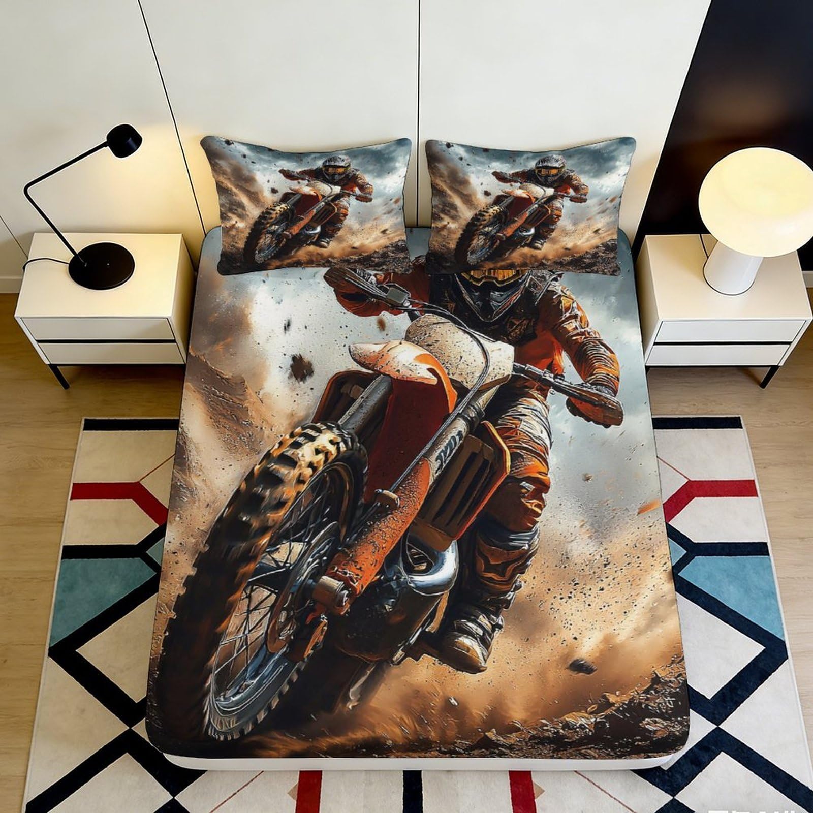 3D Printed Motocross Racing Fitted Sheet Microfiber Soft Anti-Slip Extreme Sports Mattress Cover for Bedroom Decor 90x200x25cm