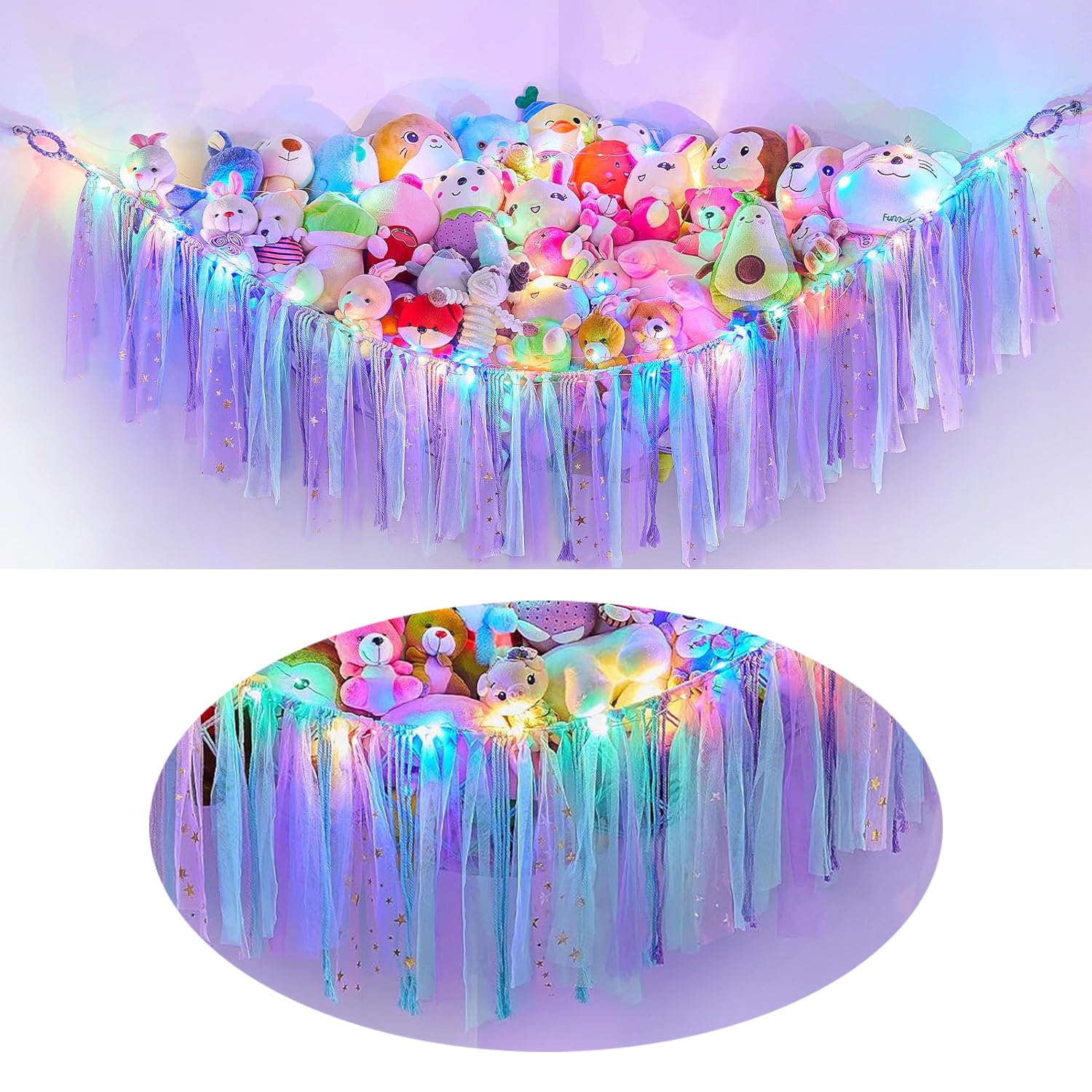 LXUNYI Stuffed Animals Net or Hammock with LED Light, Toy Net Hammock Hanging Stuffed Animals Storage Organizer Holder Room Décor with Tassels for Nursery Play Room Kids Bedroom (Blue)