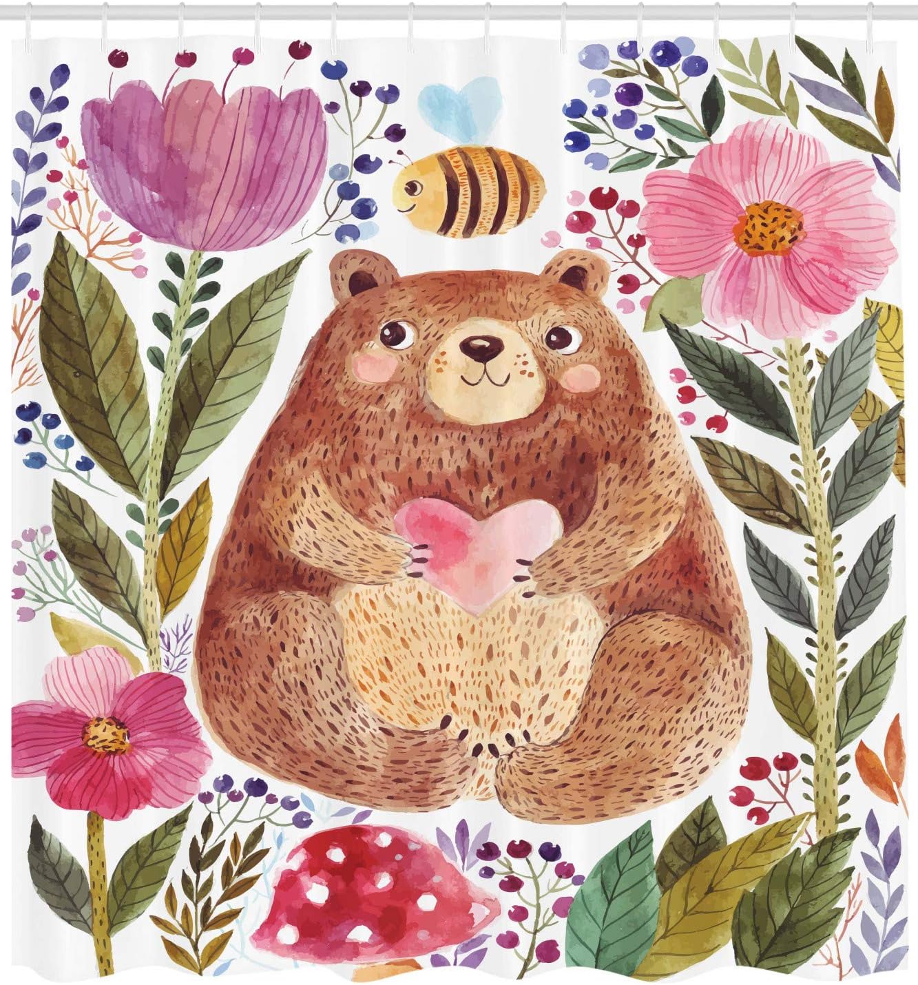 Ambesonne Watercolor Flower Shower Curtain, Bear Flowers and Bee Animal Nature Modern Illustration, Cloth Fabric Bathroom Decor Set with Hooks, 69" W x 70" L, Reseda Green Plum Soft Pink