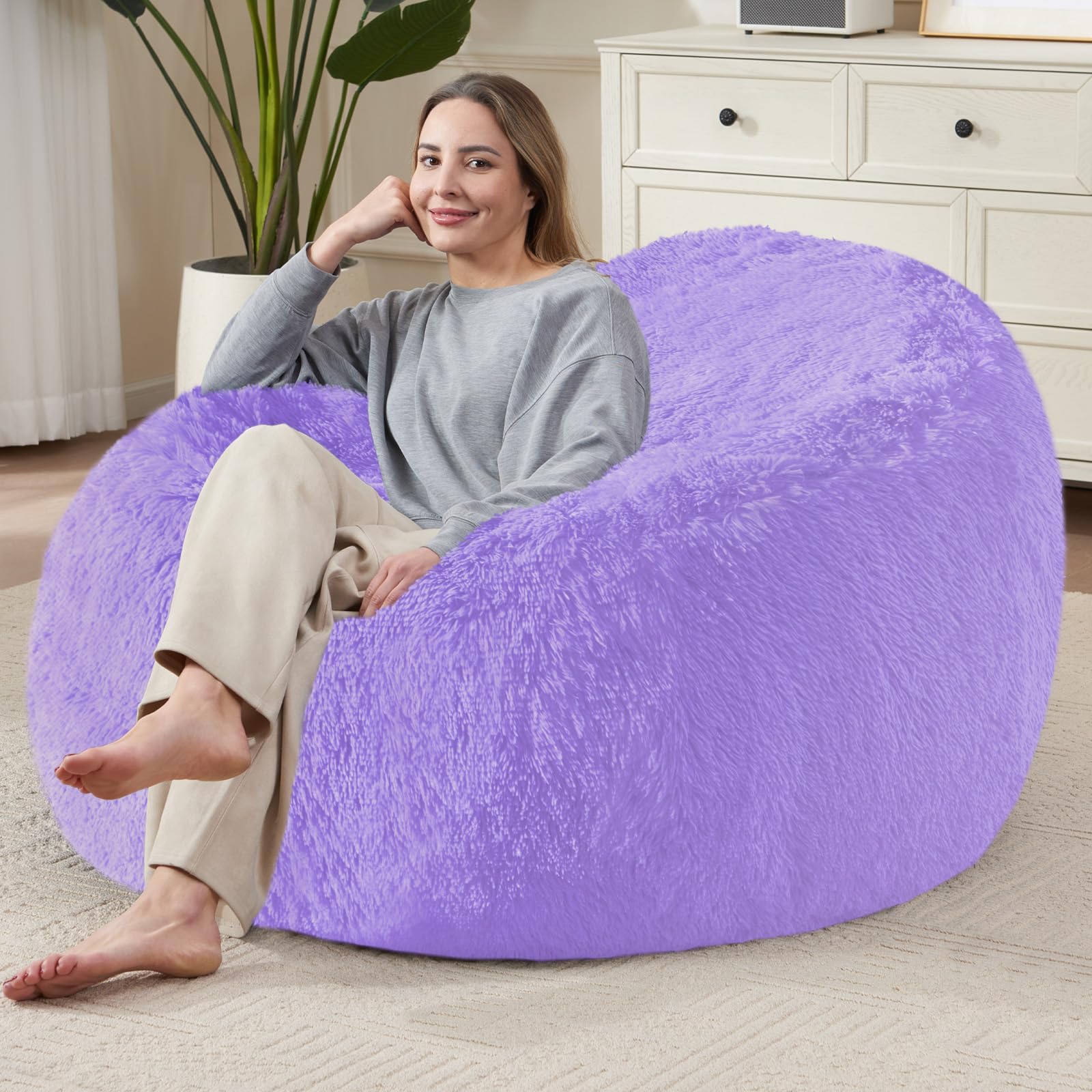 Bean Bag Cover (No Filler), Soft Faux Fur Stuffed Animal Bean Bag Storage, Fluffy Plush Bean Bag Chair Cover Washable, Comfy Bean Bag Covers for