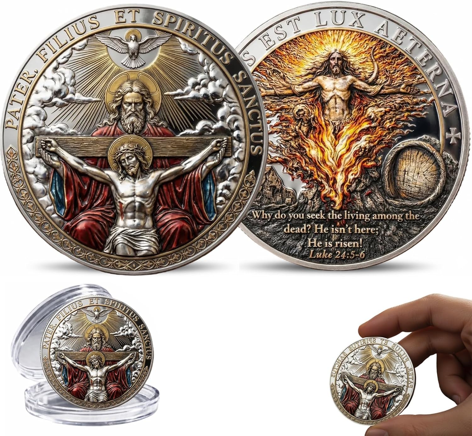 Resurrection of Light Commemorative Coin, Double-Sided Christian Jesus Challenge Coins with Latin Inscriptions & Scripture, Holy Trinity Religious Collectible Token, Religious Gift for Men (1pcs)