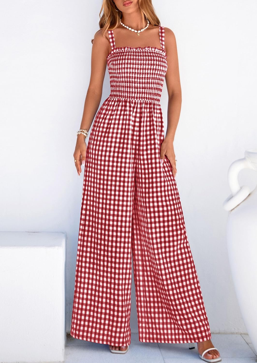 PRETTYGARDEN One Piece Jumpsuits for Women 2026 Summer Sleeveless Smocked Gingham Wide Leg Date Night Rompers Spring Outfits - Image 7