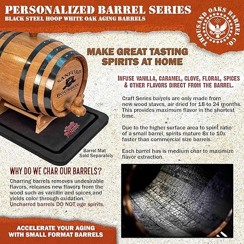 Vista 3 de Barril de envejecimiento de roble personalizado de 1 galón con soporte, Bung y espita – Barril de vino de madera para whisky – Cervecero casero