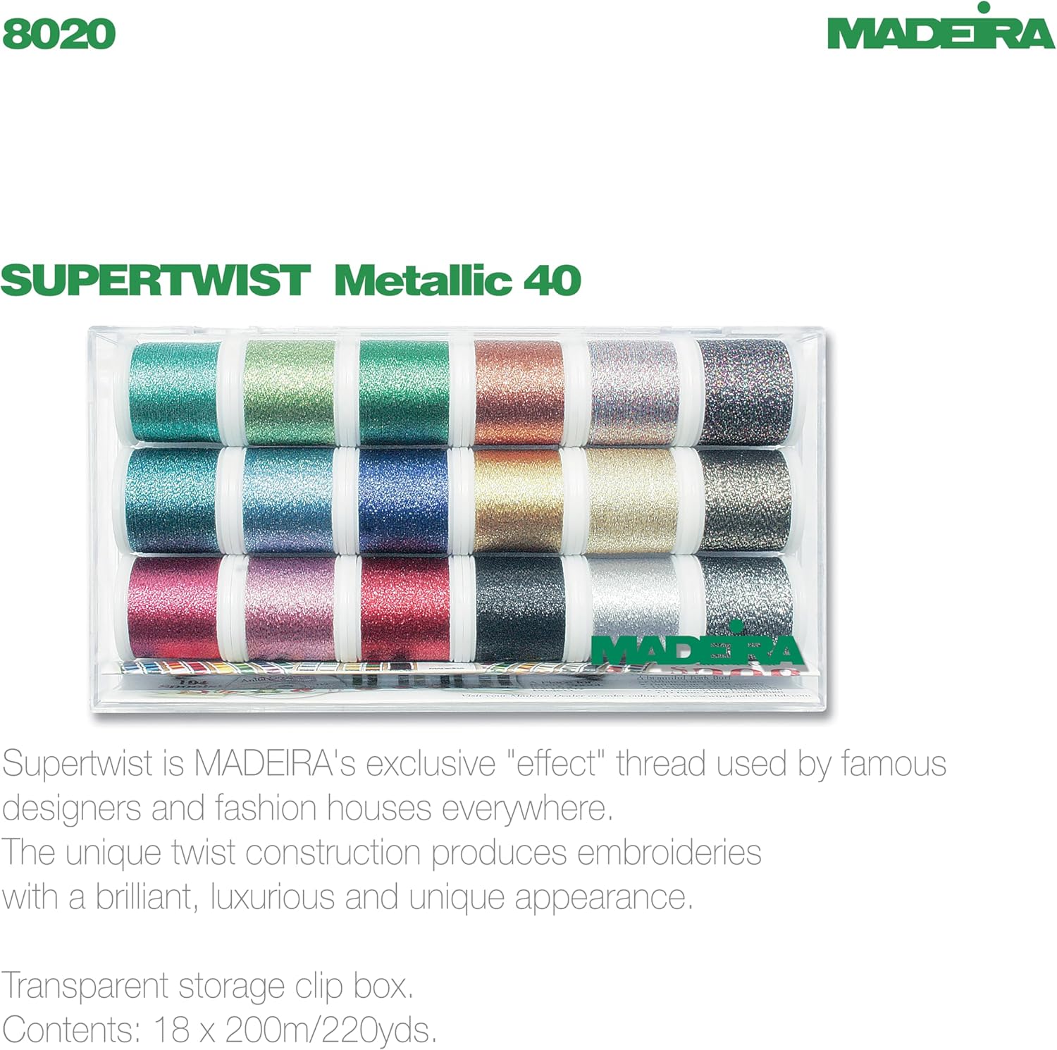 Madeira 8020 'supertwist' Embroidery Box with 18 Metallic Bobbins 200 M Each