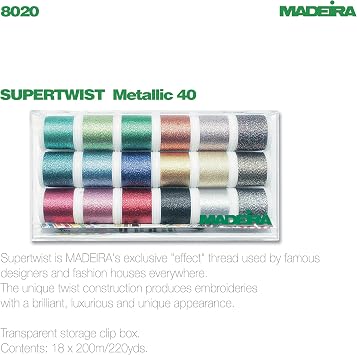 Madeira Metallic Supertwist Thread Set – Clear Box 18 x 200m Sparkling Metallic Embroidery Threads, Machine Sewing Thread Kit, Multi Colour Decorative Craft Threads 8020