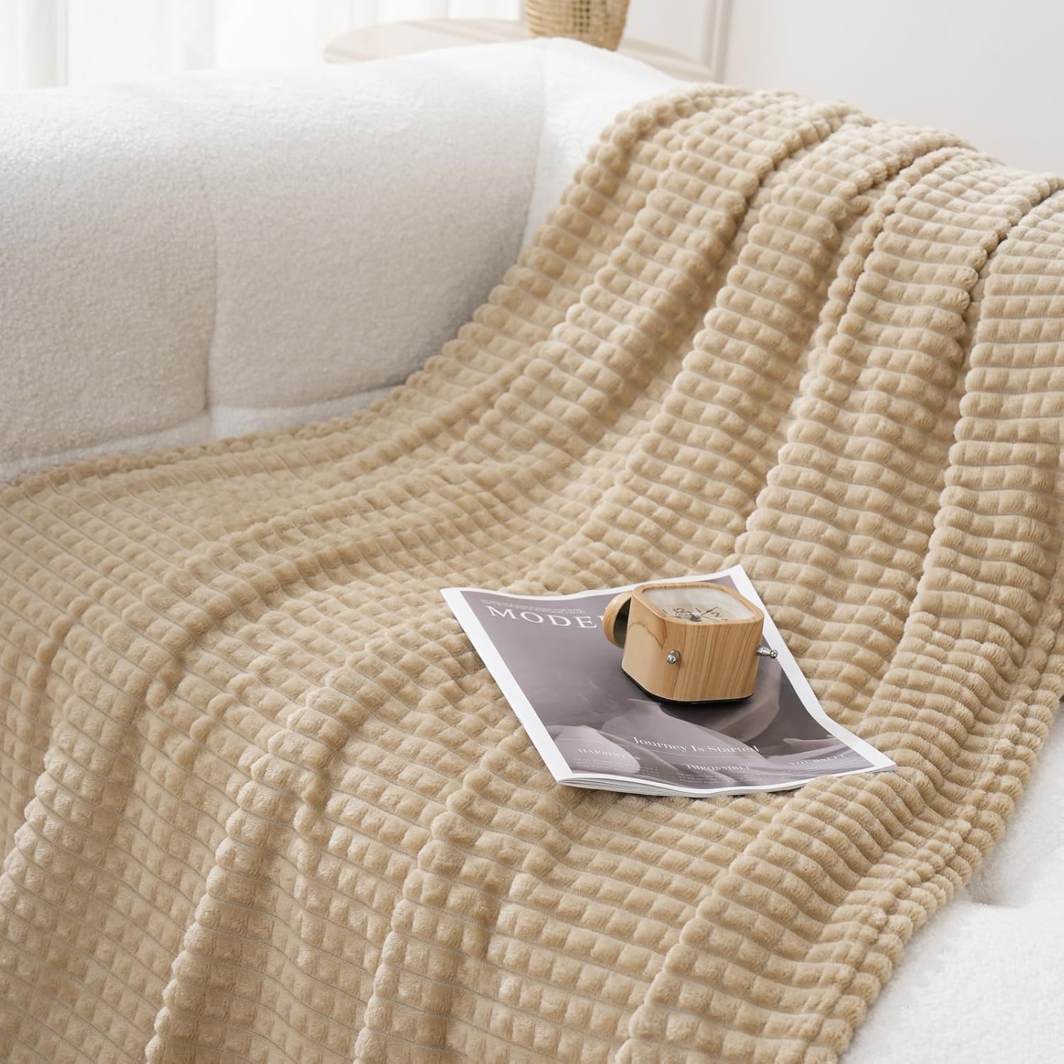 Puncuntex Flannel Fleece Throw Blanket Khaki 60"×80",Super Soft Plush Cozy Blanket with Square Grid Design Luxury for Couch Sofa Chair - Image 3