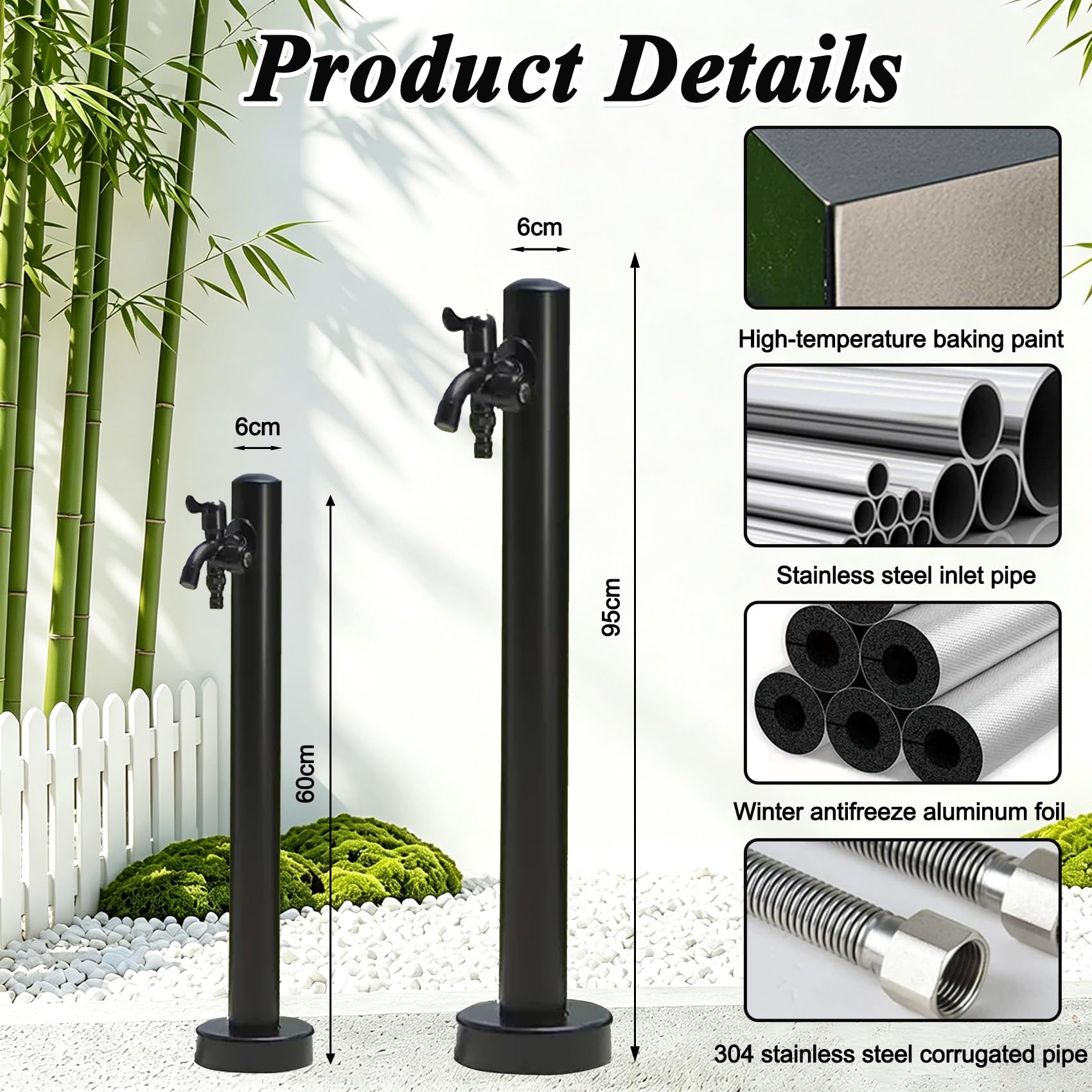 Robinet de Jardin en Acier Inoxydable, Colonne d'eau extérieure de 60 cm pour Piscine, Jardin et Irrigation agricole. Finition Noire Durable. Solution d'hydratation et d'aménagemen