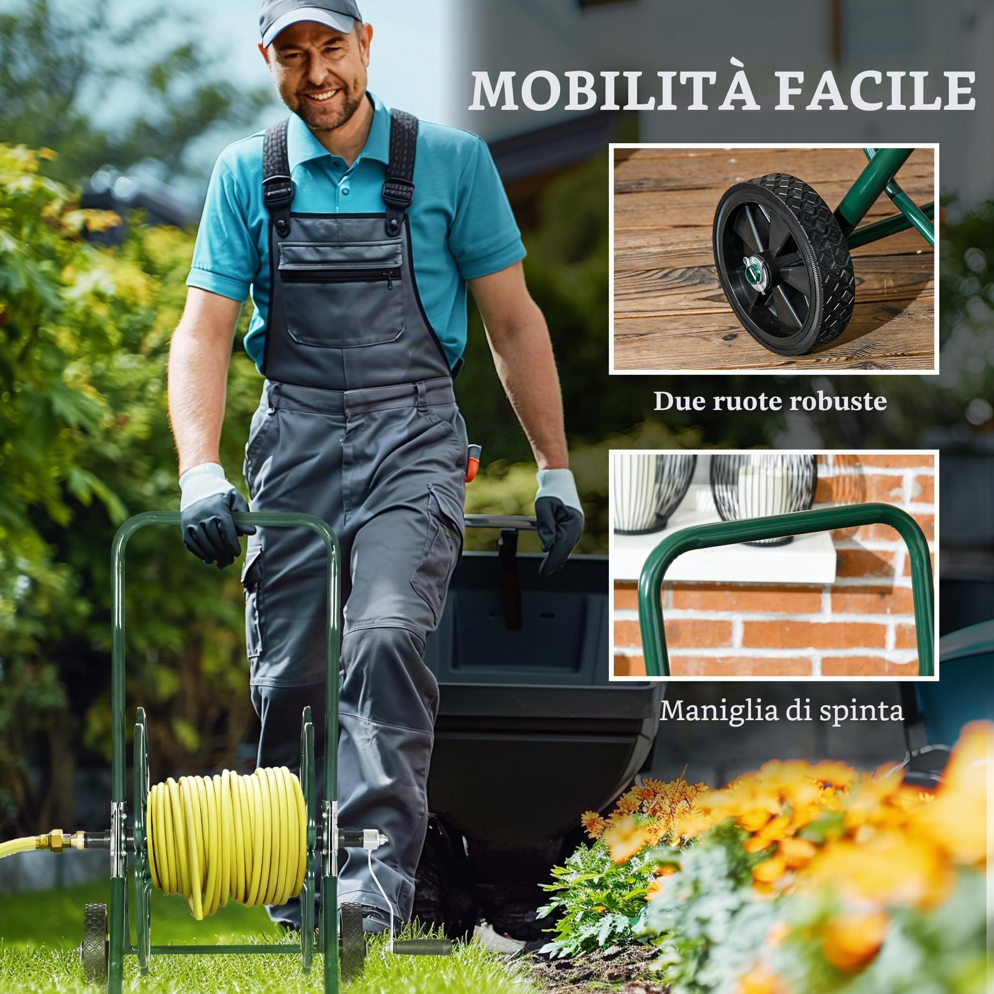 Outsunny Carrello tubo da giardino su ruote 30m Ø16mm Metallico Verde