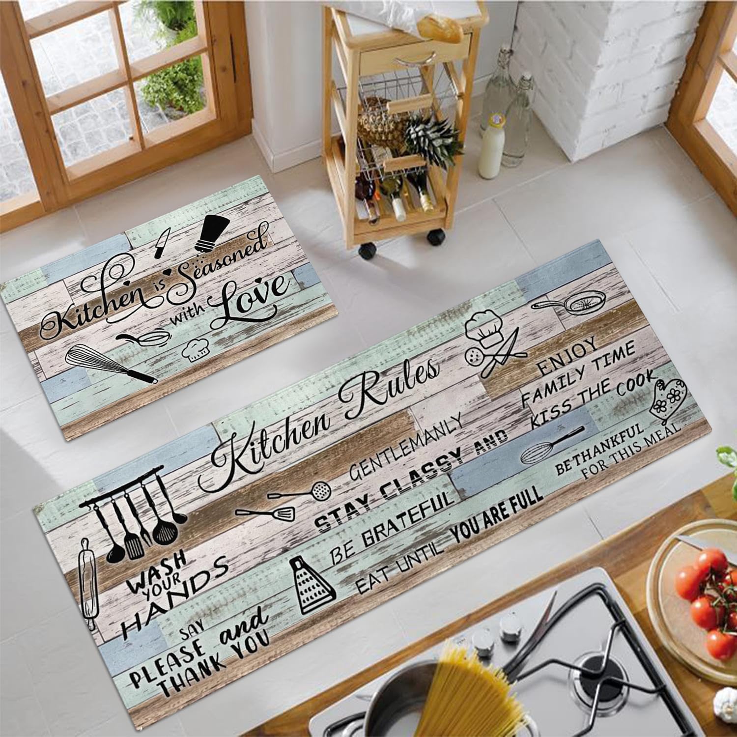 Farmhouse Kitchen Rugs Sets of 2 Non Slip Washable Farmhouse Kitchen Mats for Floor 2 Piece Country Rustic Rug Mat Set Home Decor
