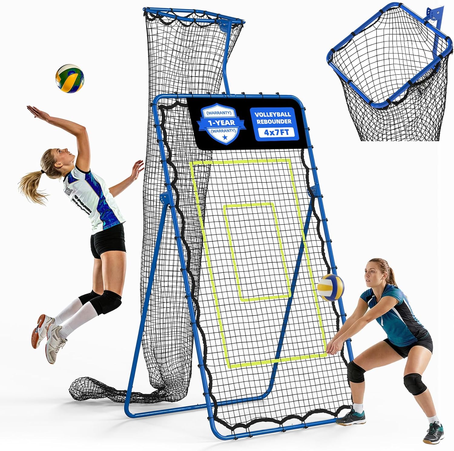 7x4 FT Volleyball Rebounder Net – Adjustable Solo Training Equipment for Backyard, Beach & Outdoor, Heavy-Duty 45-Layer Net with 5 Angles, 4 Ground Stakes & Accuracy Target Belt