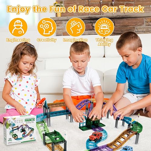 Miniatura 7 de JONRRYIN Bloques de construcción magnéticos de 59 piezas, pista de autos de carreras, azulejos magnéticos, juego de pista de construcción magnética