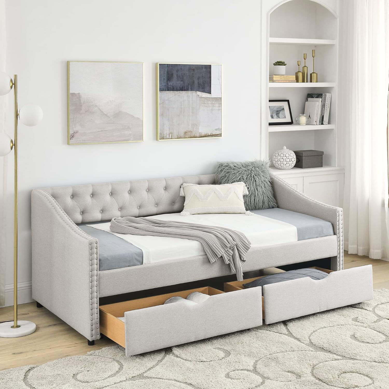 KEIKI Twin Size Upholstery Daybed with 2 Drawers and Headboard, Mid-Century Style Tufted Sofa Bed with Button on Back, Easy Assembly, No Box Spring Required, for Living Room and Bedroom, Beige