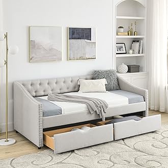 HomSof Twin Size Daybed with Drawers Upholstered Tufted Sofa Bed with Button on Back and Copper Nail on Waved Shape Arms, Beige
