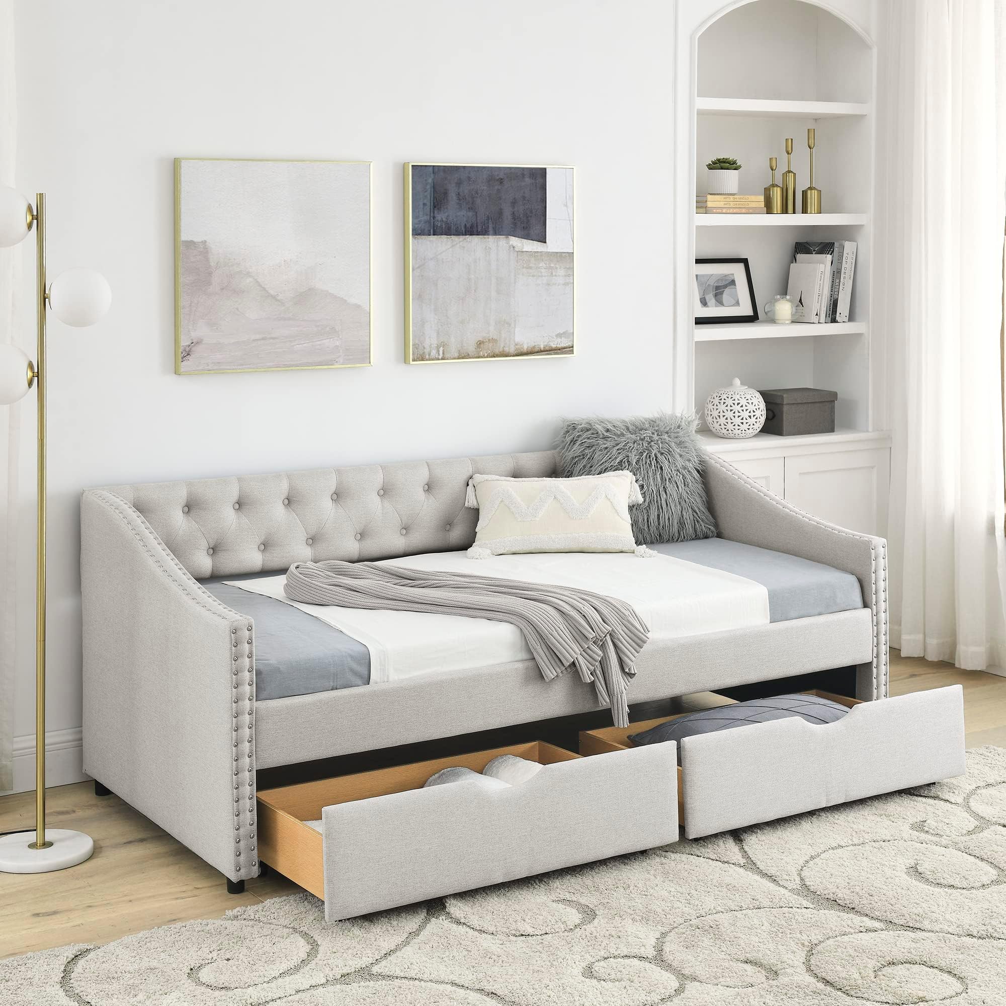 HomSof Twin Size Daybed with Drawers Upholstered Tufted Sofa Bed with Button on Back and Copper Nail on Waved Shape Arms, Beige