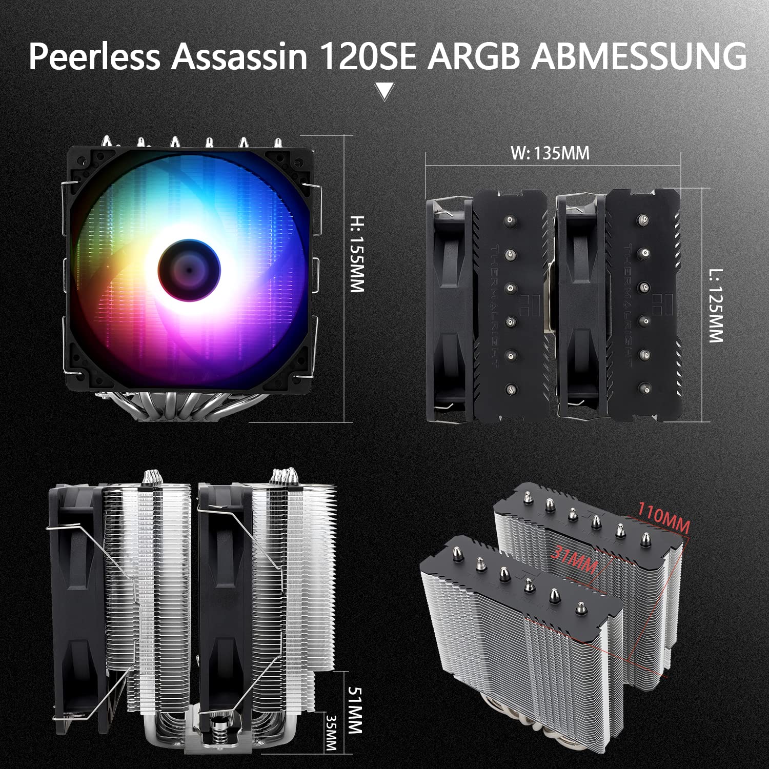 Thermalright Peerless Assassin 120 SE ARGB Refroidisseur d'air CPU, 6 caloducs refroidisseur de CPU, double ventilateur 120mm TL-C12C-S PWM, technologie AGHP, pour AMD AM4/Intel 1700/1150/1151/1200