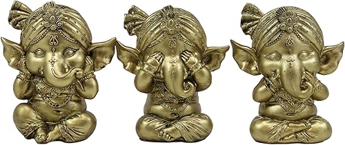 Miniatura 1 de Ebros - Juego de 3 figuras de elefante hindú dorado, Dios, Señor, Ganesha, con turbante, 4 pulgadas de alto, Deidad de las artes, sabiduría y