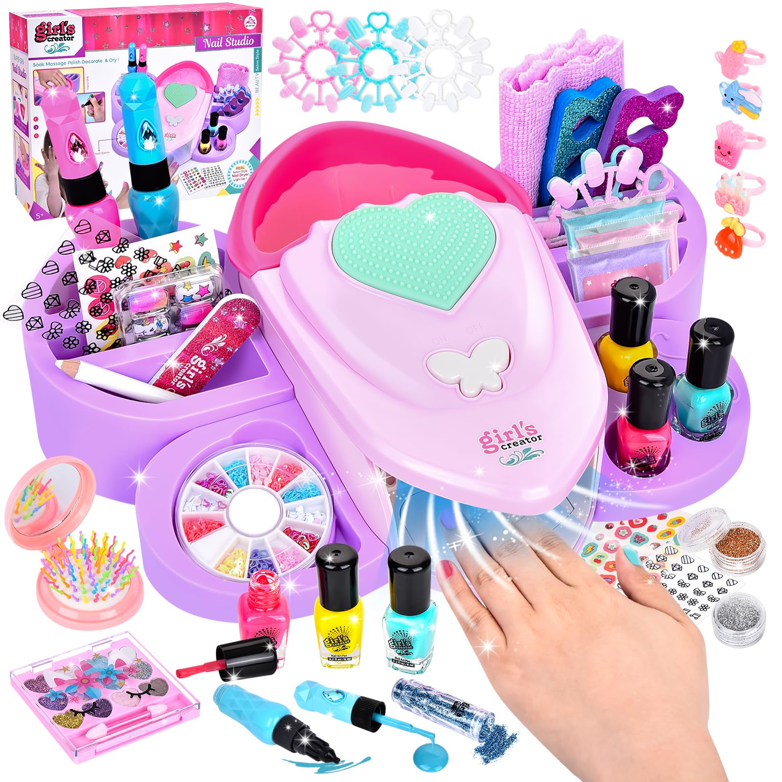 Herenear Nagelstudio Kinder Mädchen, Geschenke für Mädchen Nagellack Set, Nagelkunst Kinder 6 7 8 9, DIY Schminkkoffer Spielzeug, Kinderschminke Set mit Nageltrockner für Geburtstag Weihnachten