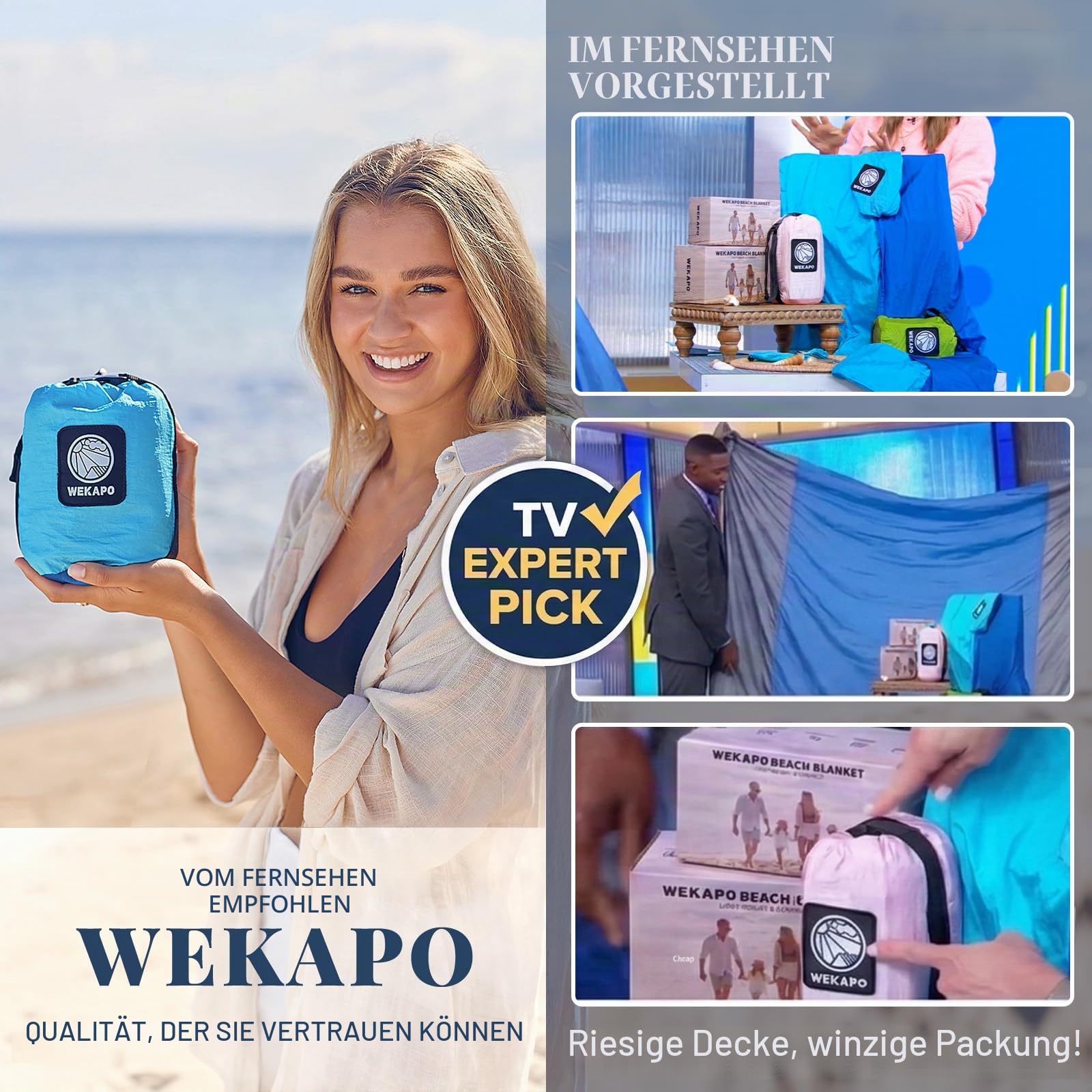 WEKAPO Sandfreie Stranddecke, extra groß, 2,4 x 2,9 m, für 7 Erwachsene, Strandmatte, groß und kompakt, sanddicht, schnell trocknend, leicht und langlebig, mit 6 Heringen und 4 Ecktaschen