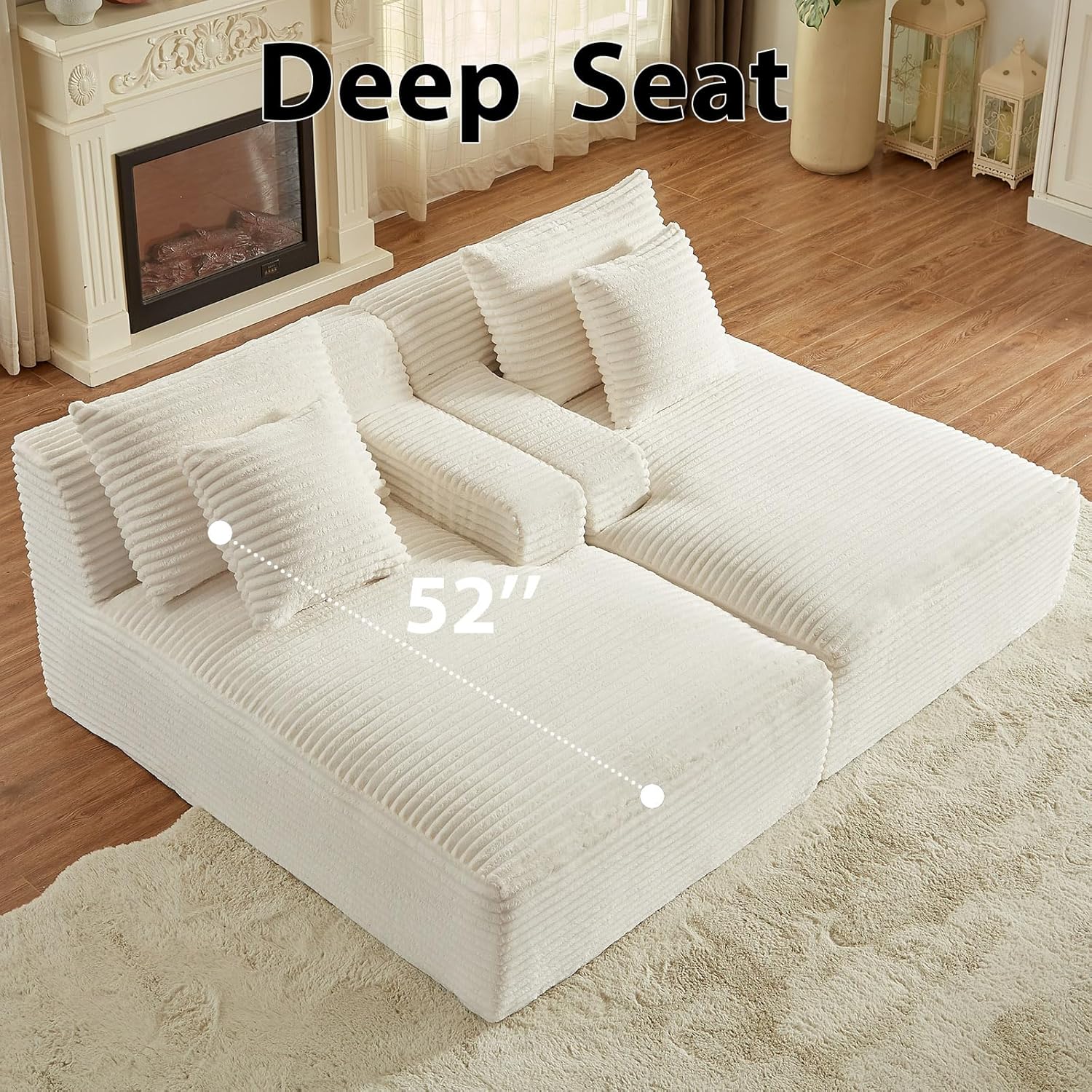 Oversized Double Chaise Lounge Chair, 78.8" Sectional Upholstered Deep Seat Cloud Couch, Modern Corduroy Loveseat Sleeper Chair Sofa Bed for Living Room Bedroom Apartment Indoor, White