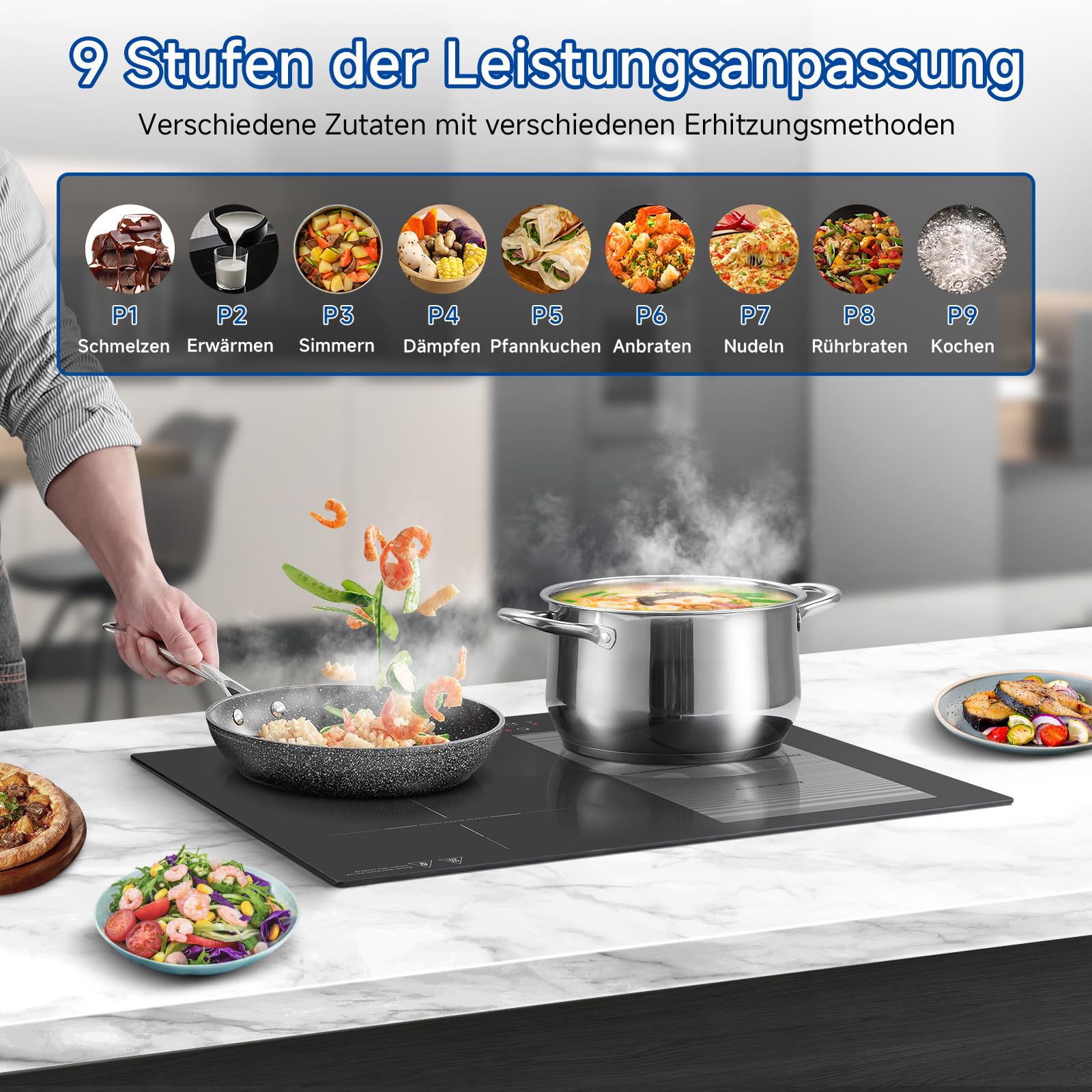 AMZCHEF Induktionskochfeld 60cm mit Flexzonen, 4 Zonen Induktionskochplatte mit Boost-Funktion und 9 Leistungsstufen, Pausenfunktion, Timer, Sicherheitsschloss, Überhitzungsschutz, BBQ, 7200W