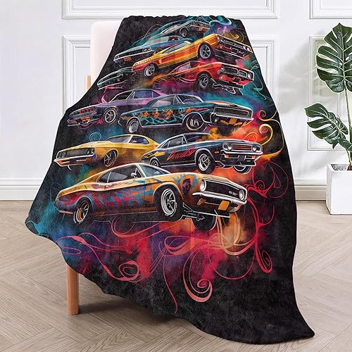 Miniatura 2 de Manta retro para sofá, picnic, camping, decoración al aire libre, diseño clásico de autos neón, súper suave y acogedora, manta de forro polar