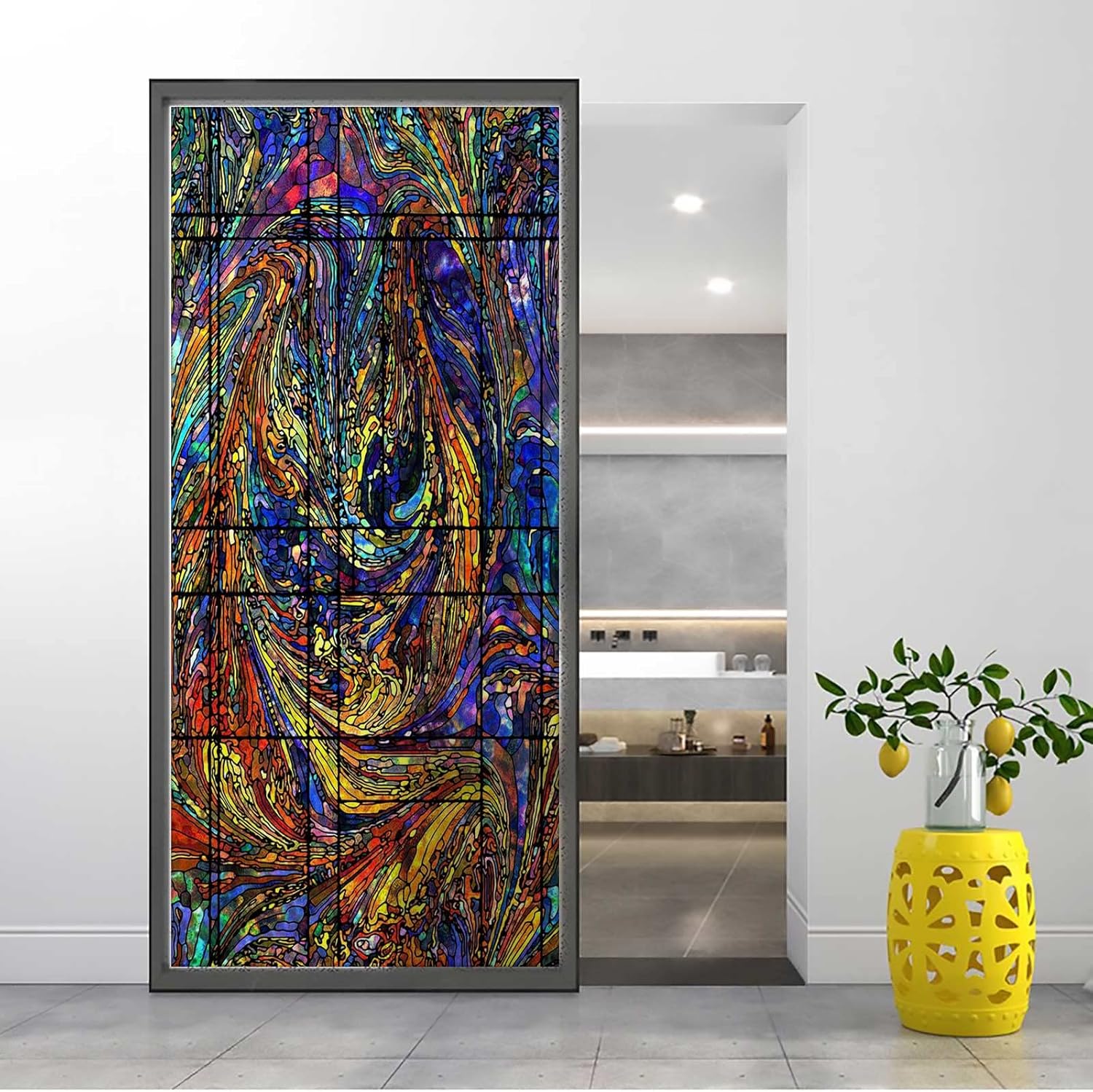 Stained Glass Window Film Privacy One Way Abstract Colorful Privacy Window Film Decorative Static Anti-UV Window Clings 35.4 x 59 in