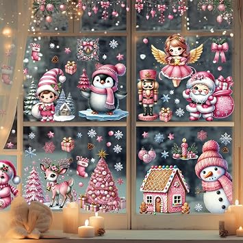 120PCS Christmas Window Clings - 2025 New 3D Static Xmas Decals Decorations with Angel, Santa Claus, Reindeer for Holiday Party 9 Sheets Christmas Window Clings Stickers Pink