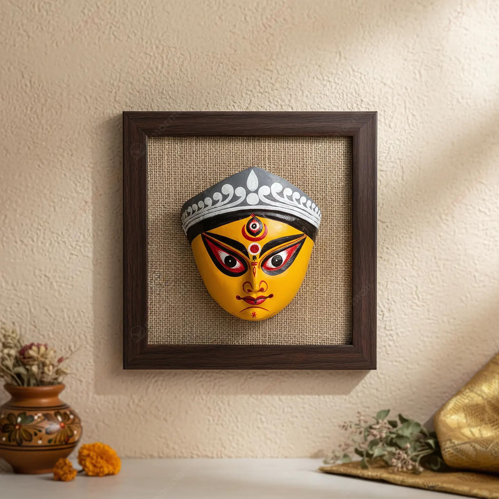 AMAR MATI Traditional Bengali Durga Mask Wall Art, Handcrafted Decorative Wall Hanging, for Puja, Livingroom, Gift, Home Decor (10 inch x 10 inch) (Without Stand)-image-19