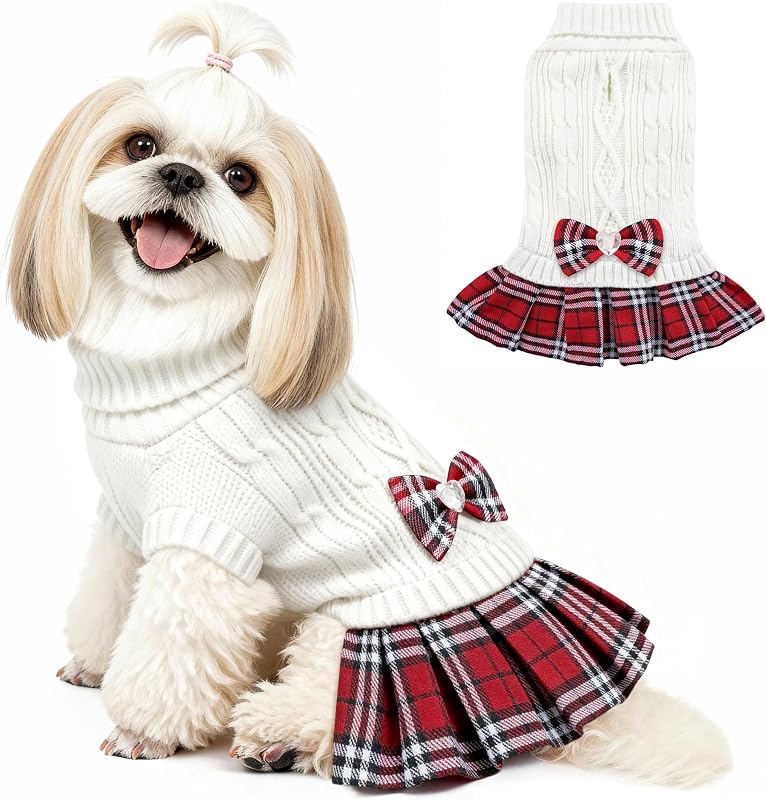 Suéter Vestido para Cães Pequenos com Gola Alta e Laço YUDODO – Modelo 89005WHI0L1