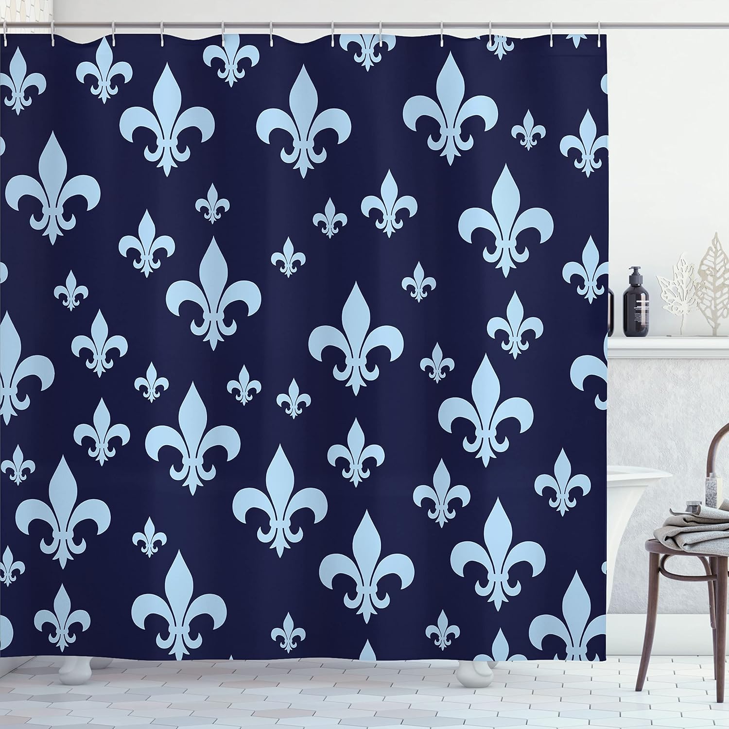 Ambesonne Fleur De Lis Shower Curtain, Lily Pattern Classic Retro Royal Vintage European Iris Ornamental Artwork, Cloth Fabric Bathroom Decor Set with Hooks, 69" W x 70" L, Navy Blue