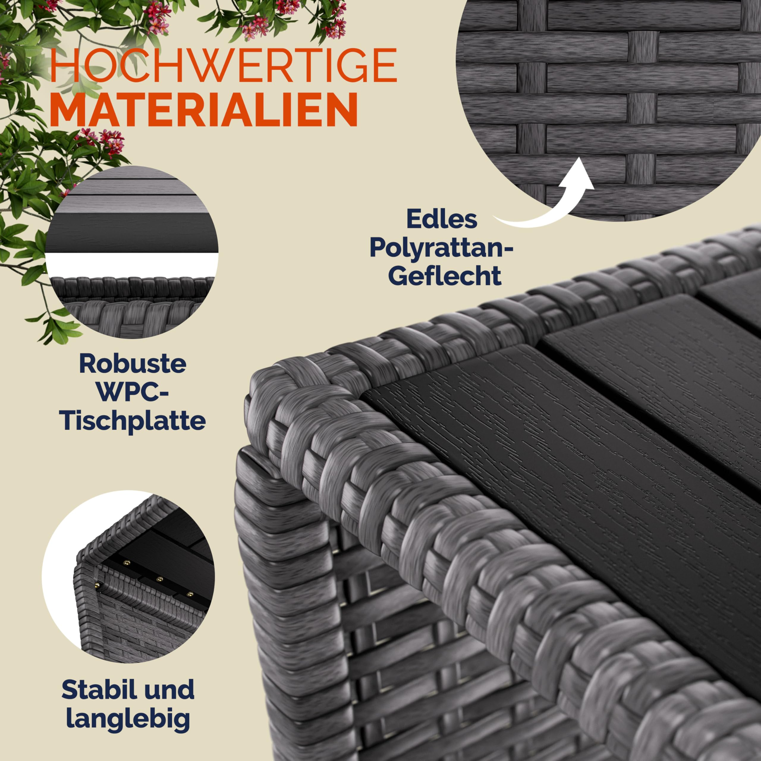 Casaria® Polyrattan Beistelltisch mit WPC Tischplatte Grau | 45x45x40cm, 80kg Belastbarkeit, Wetterfest, Tisch, Ablagetisch, Balkon, Terrasse, Garten, Outdoor, Gartenmöbel, Coffee table
