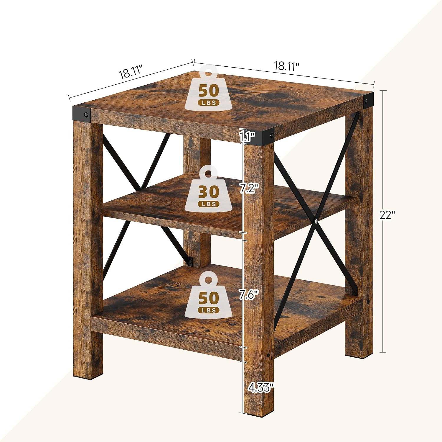 IDEALHOUSE End Table 18.1" Sofa Side End Table for Living Room 3-Tier Industrial Storage Nightstand Table Easy Assembly Vintage