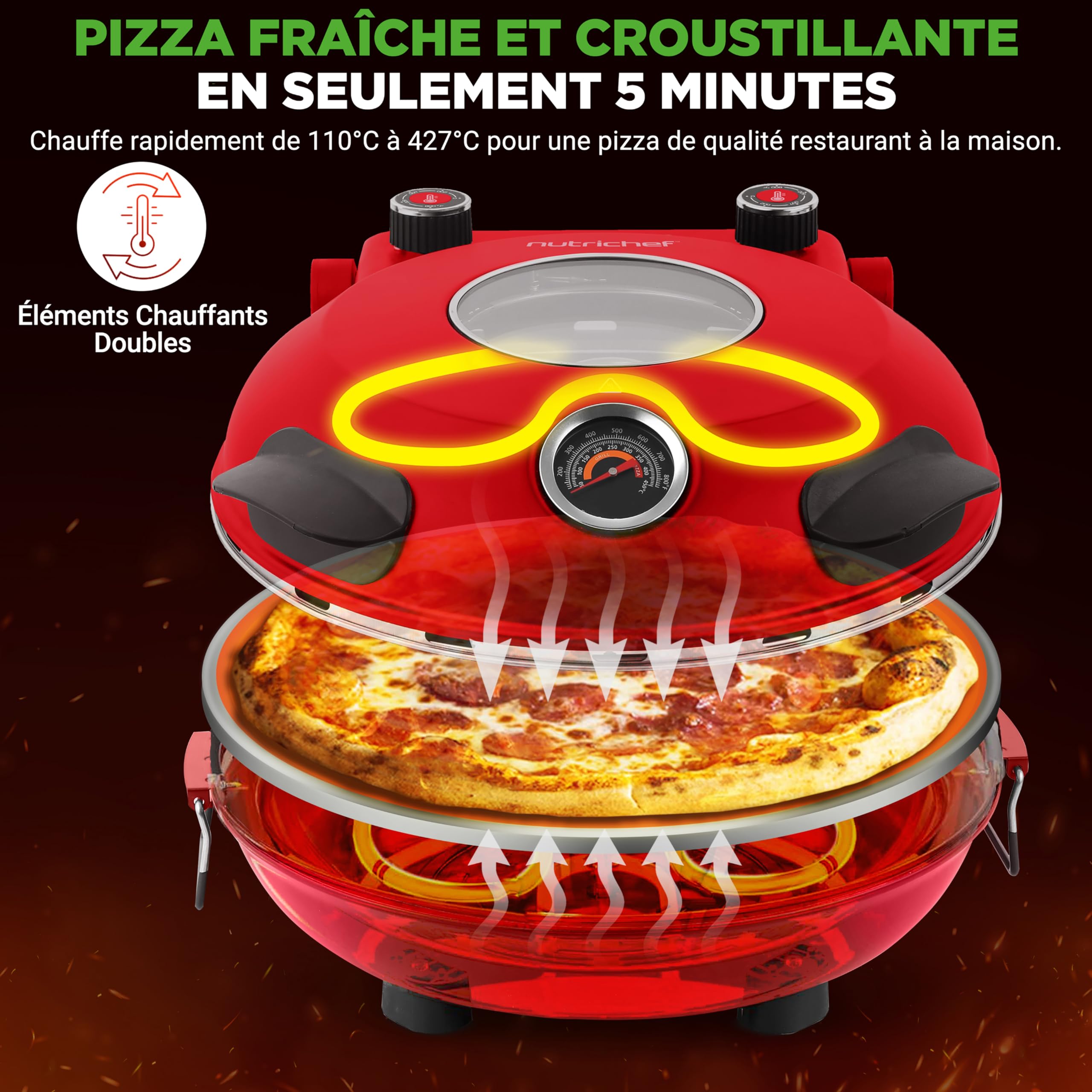 NutriChef Four à Pizza Électrique – Pierre à pizza Ø30 cm avec Thermostat et Thermomètre | Chauffe Jusqu’à 425°C | Cuisson Rapide | Fenêtre de Cuisson | Facile à Nettoyer - Rouge